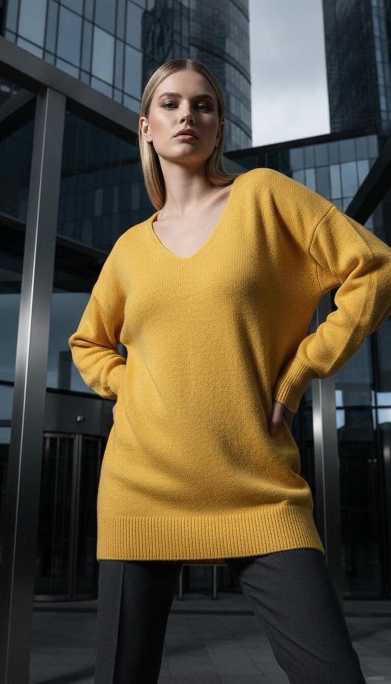 V Yaka Oversize Triko Tunik Sarı