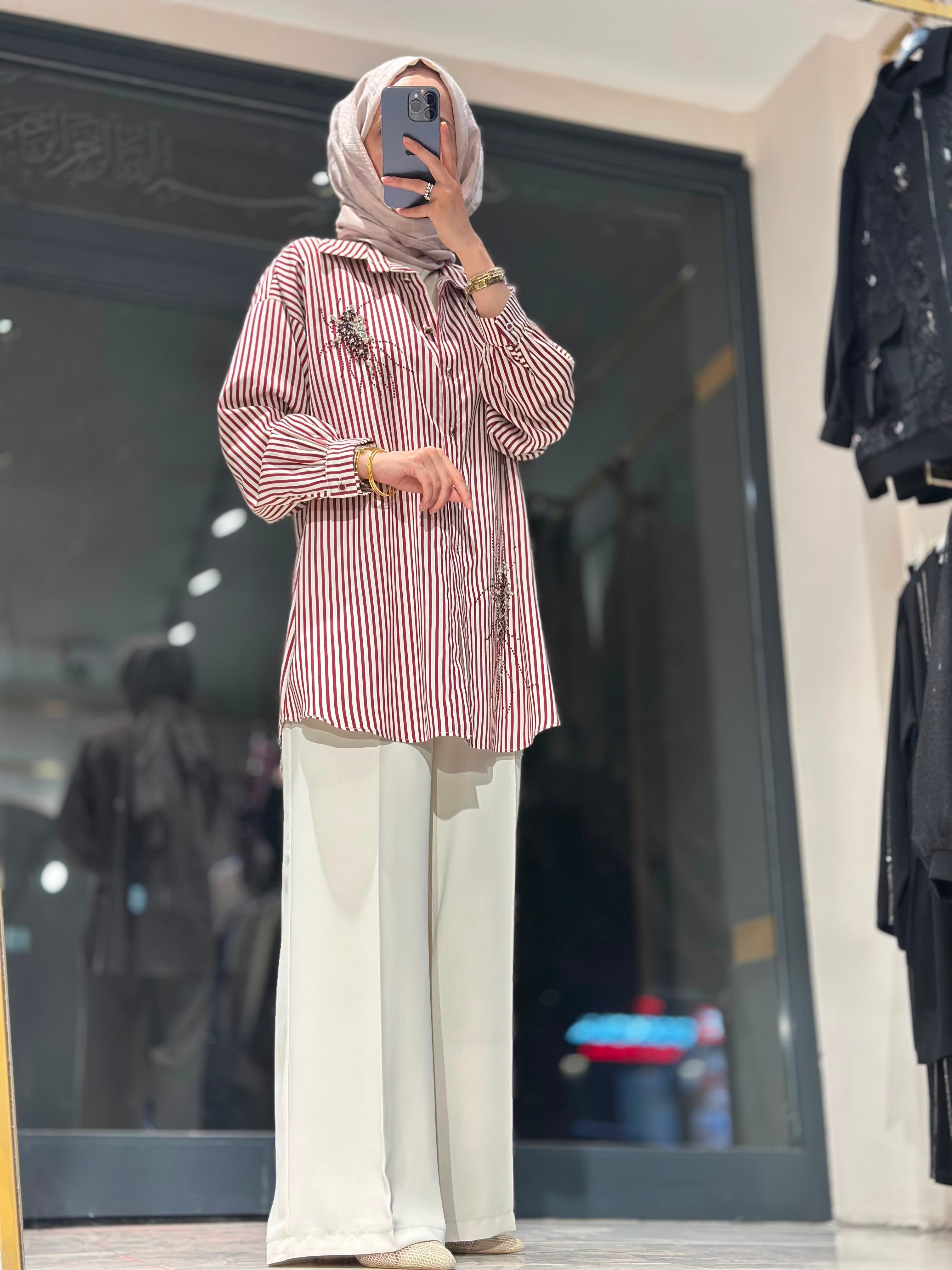 T1080 ÇİZGİLİ TAŞLI GÖMLEK