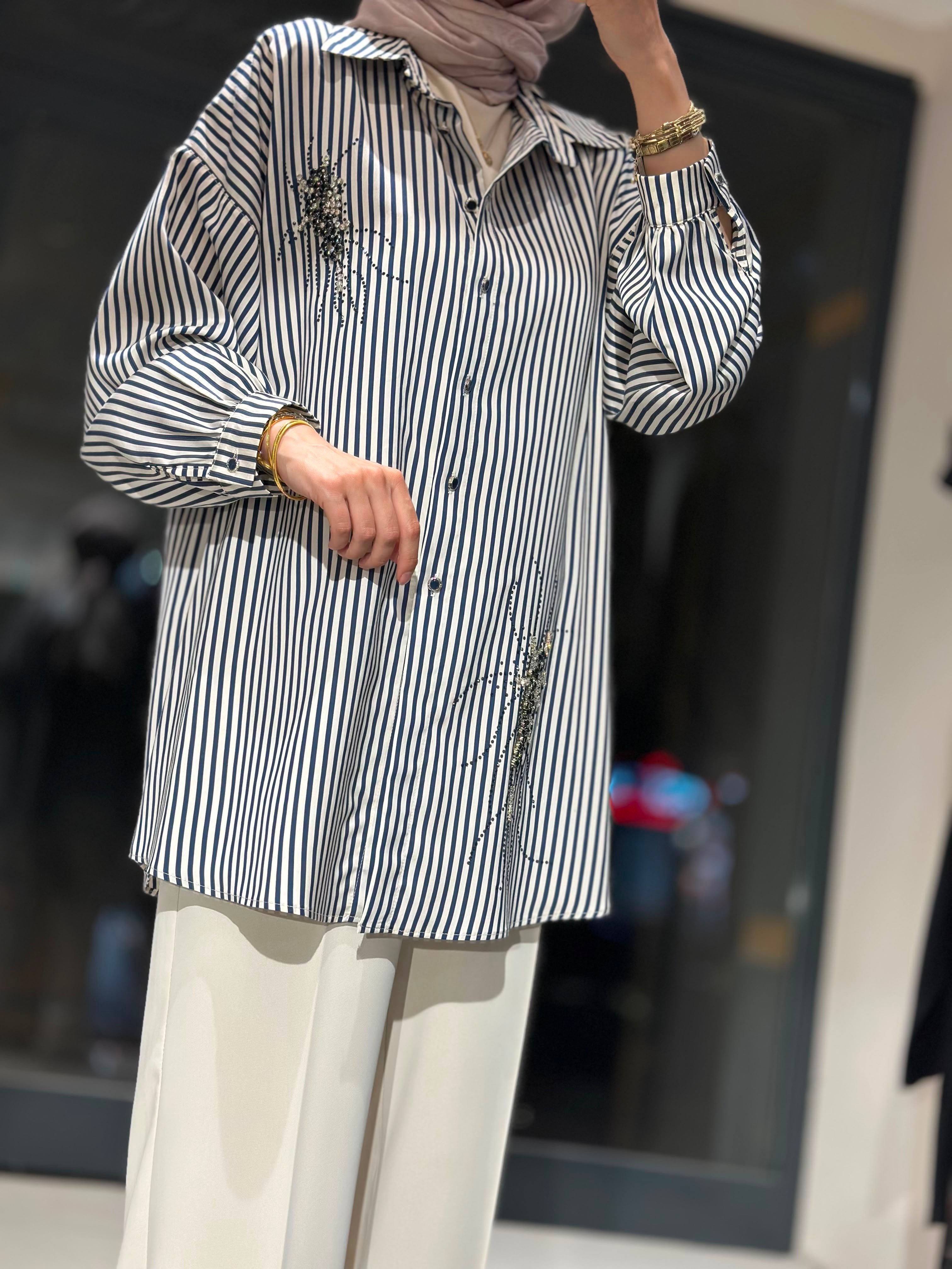 T1080 ÇİZGİLİ TAŞLI GÖMLEK