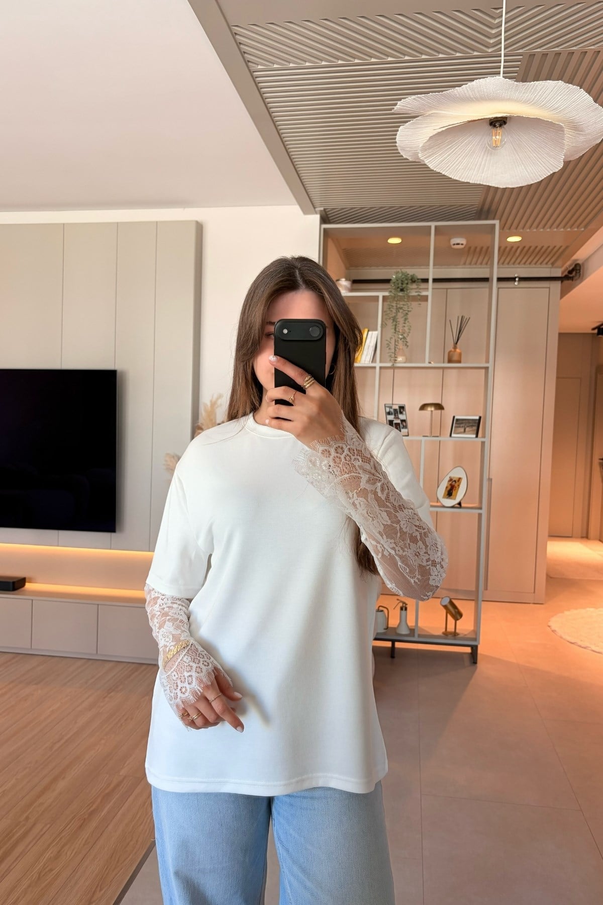  Dantel Detaylı Oversize Şık Beyaz Modal Bluz