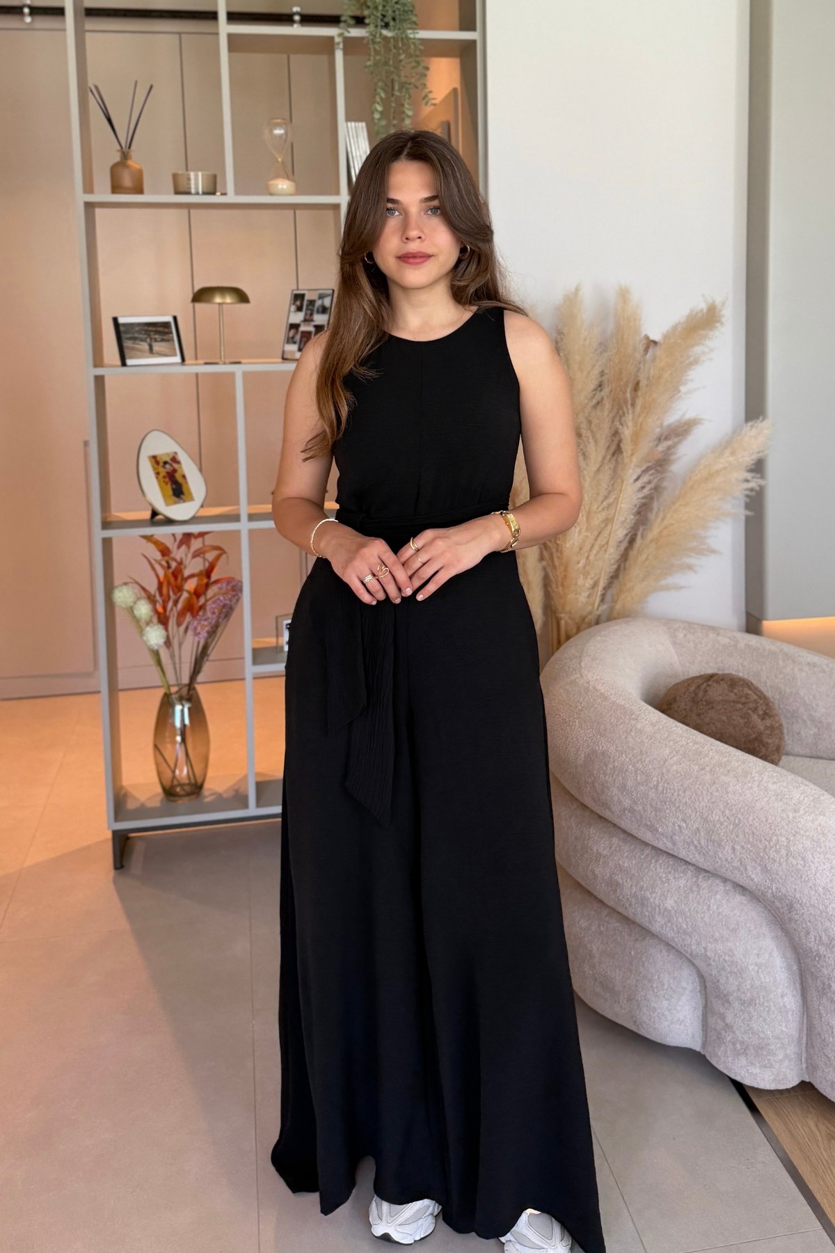Kuşaklı Cepli Şık Siyah Tulum