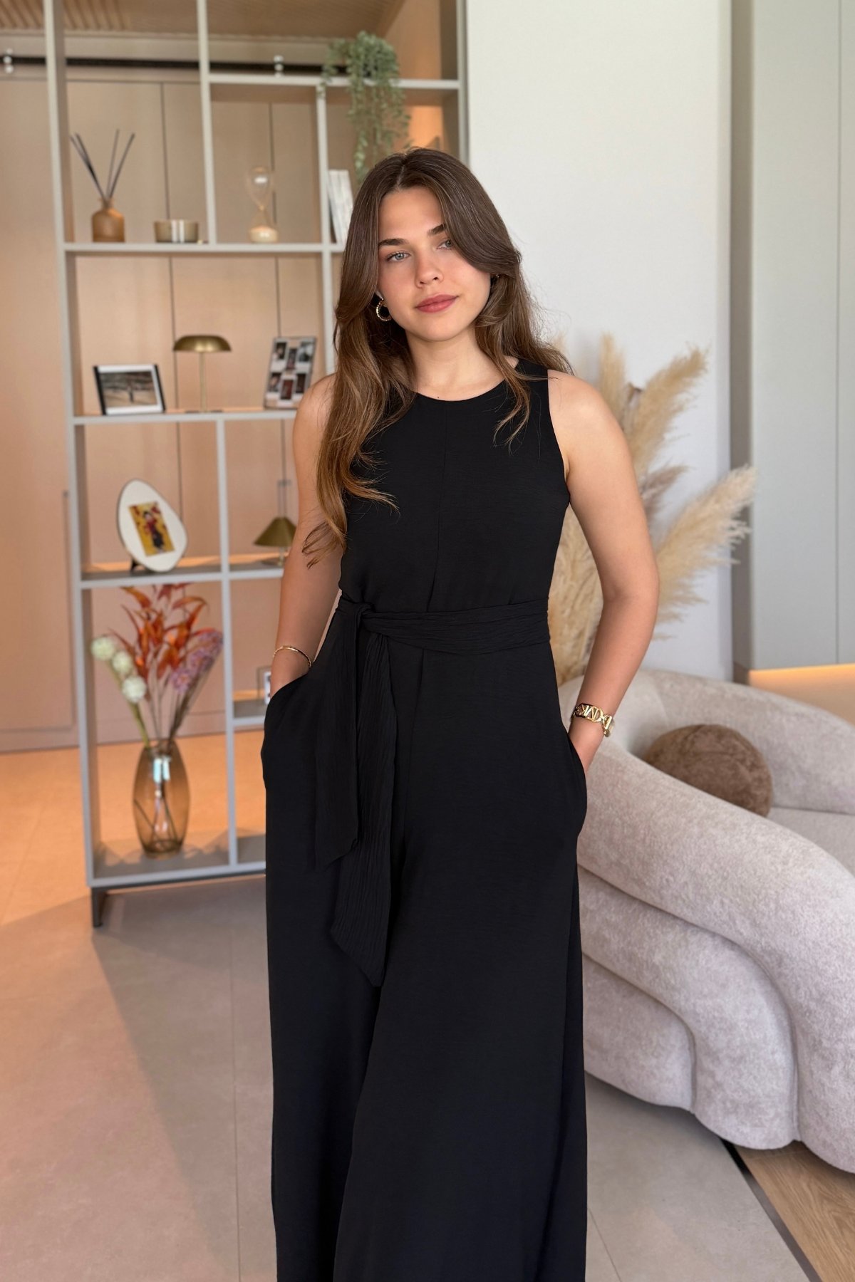 Kuşaklı Cepli Şık Siyah Tulum