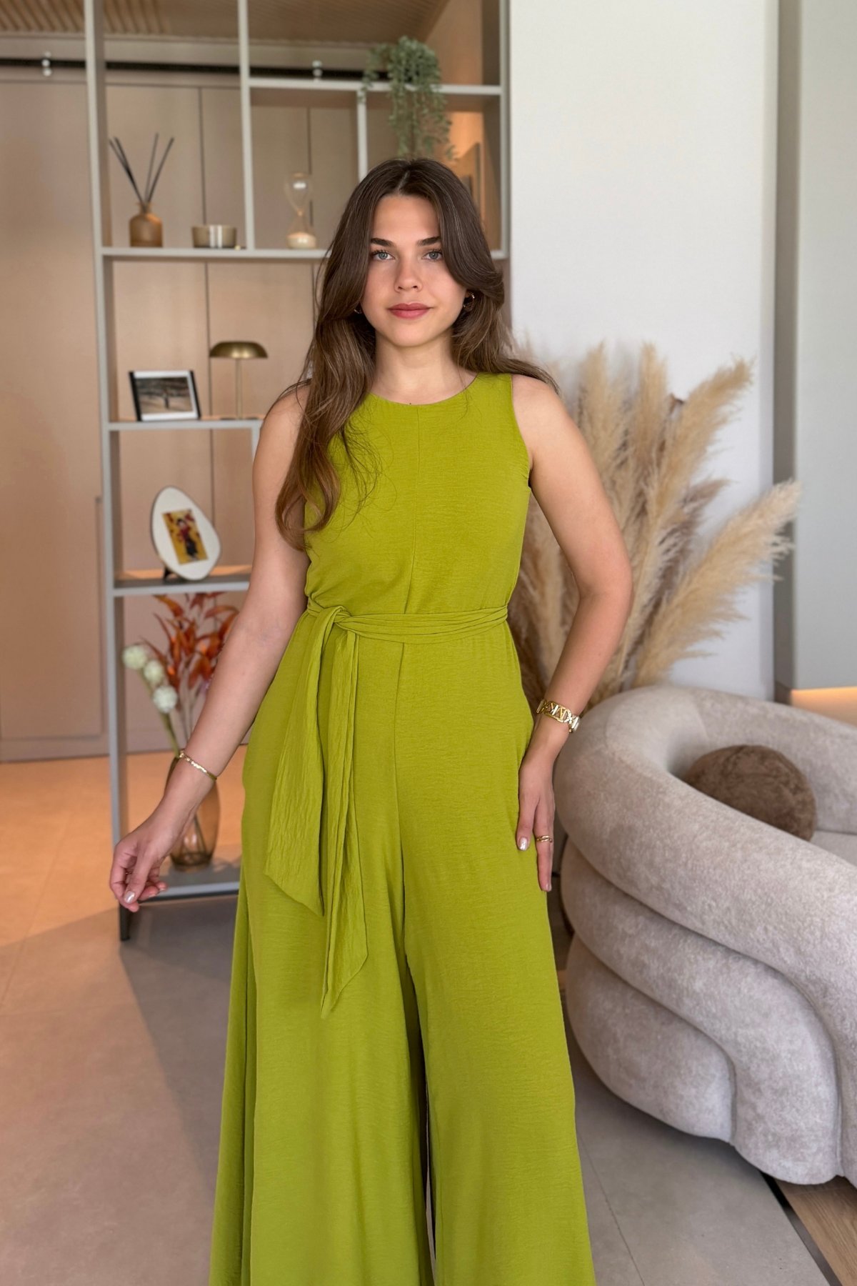 Kuşaklı Cepli Şık Yeşil Tulum