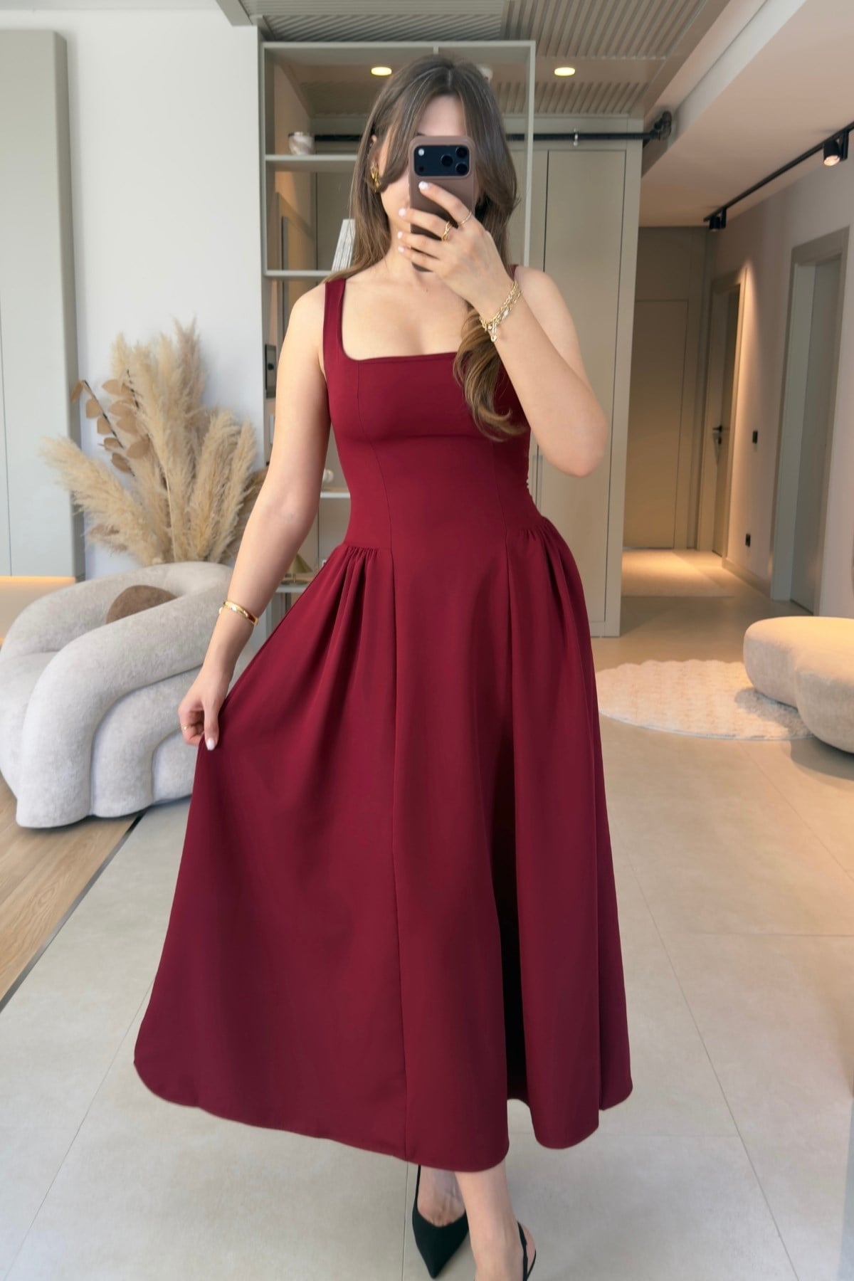 Askılı Zarif Kloş Maxi Bordo Elbise