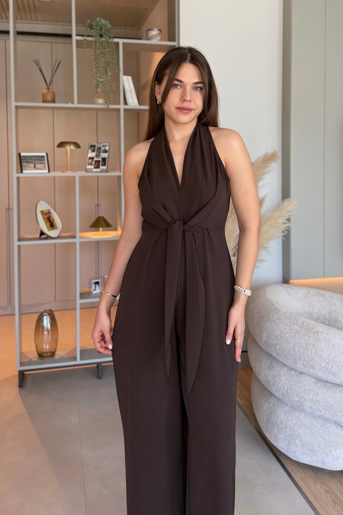 Önden Bağlamalı Kahverengi Bol Paça Tulum
