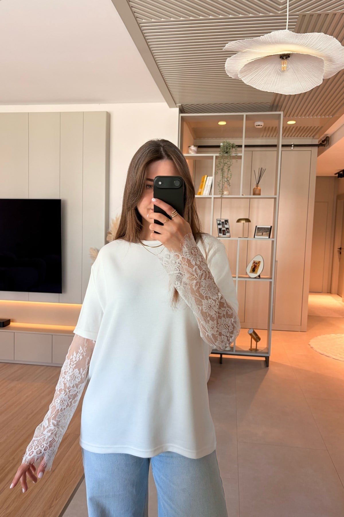  Dantel Detaylı Oversize Şık Beyaz Modal Bluz