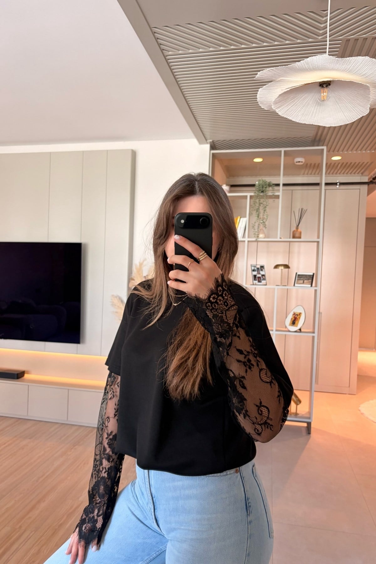 Dantel Detaylı Oversize Şık Siyah Modal Bluz