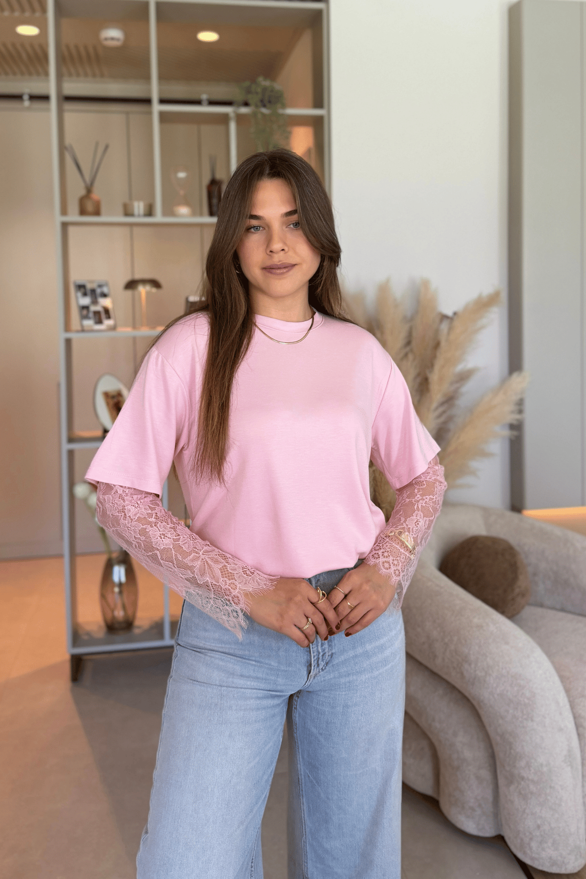Dantel Detaylı Oversize Şık Pembe Modal Tişört