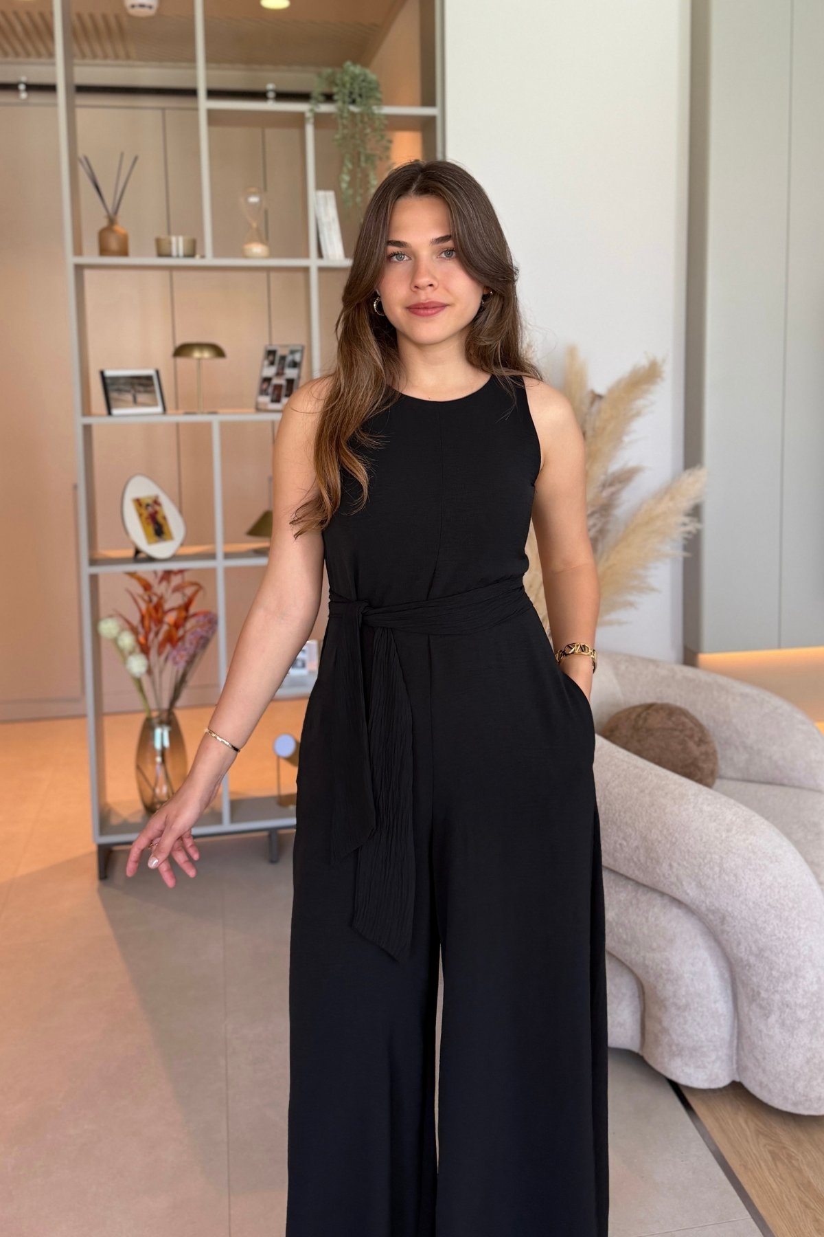 Kuşaklı Cepli Şık Siyah Tulum