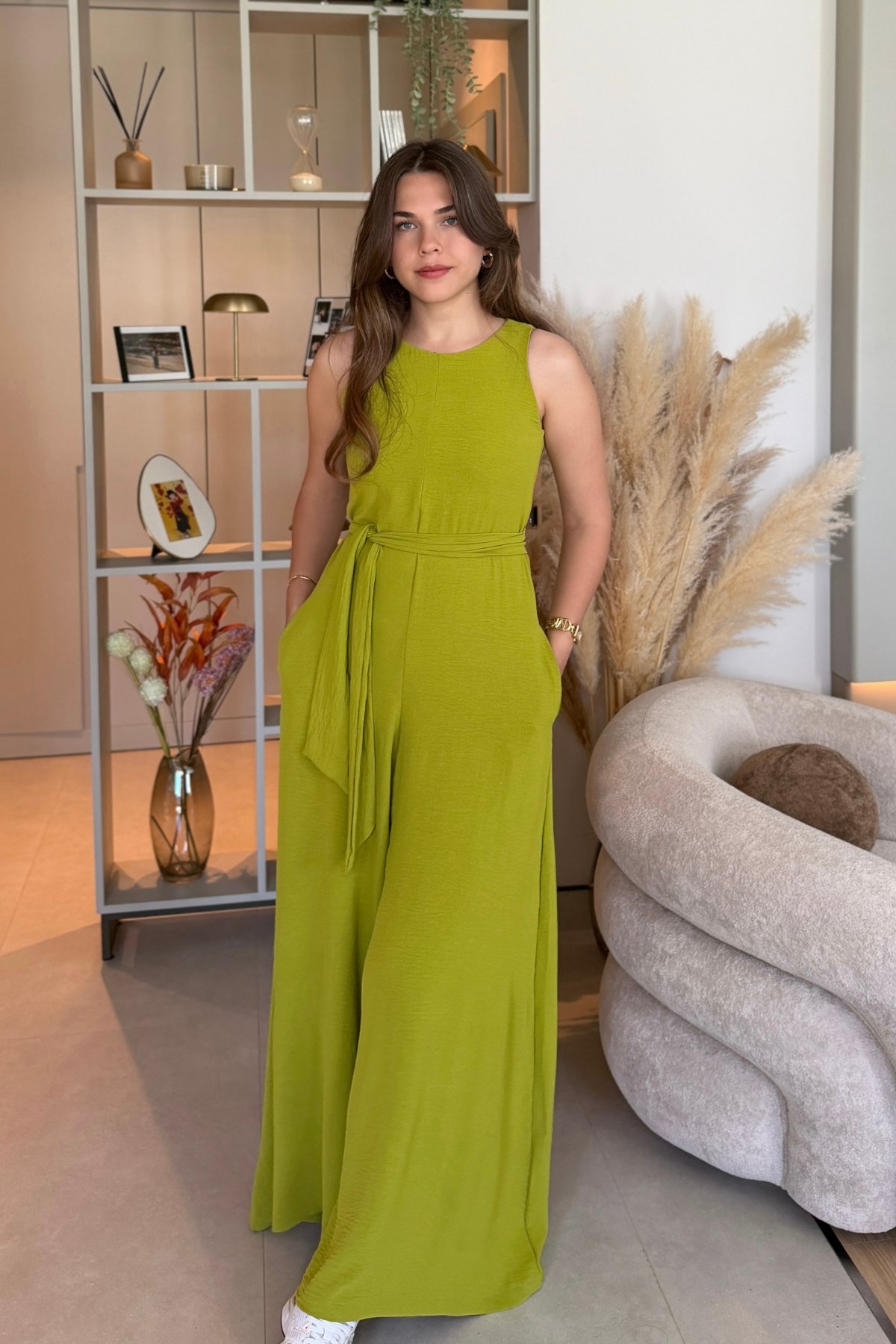 Kuşaklı Cepli Şık Yeşil Tulum