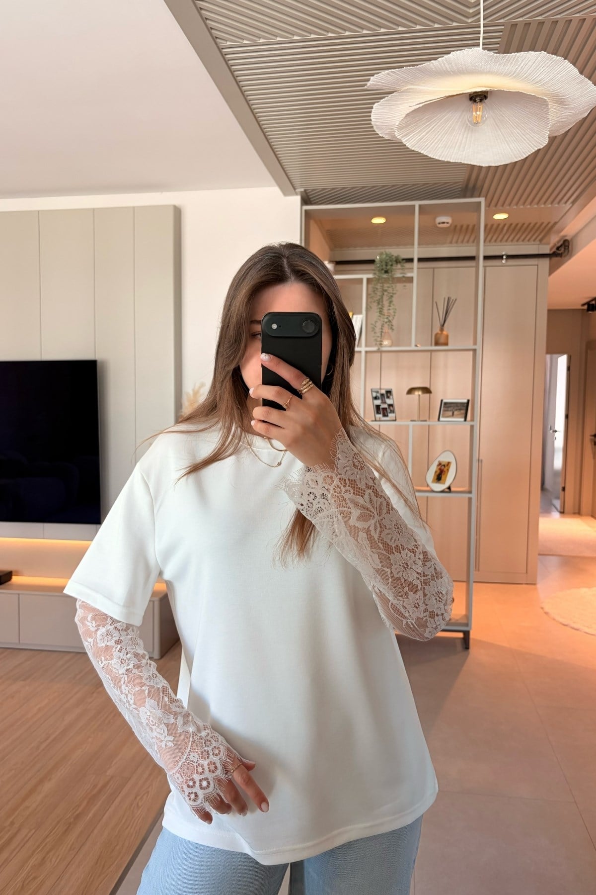  Dantel Detaylı Oversize Şık Beyaz Modal Bluz