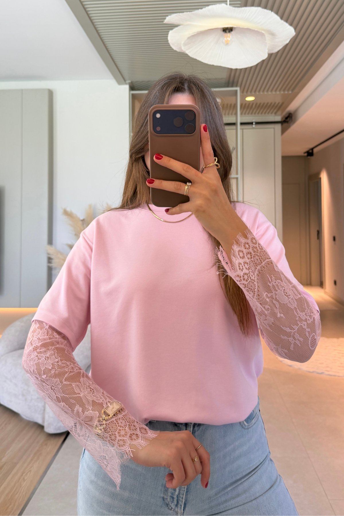 Dantel Detaylı Oversize Şık Pembe Modal Tişört