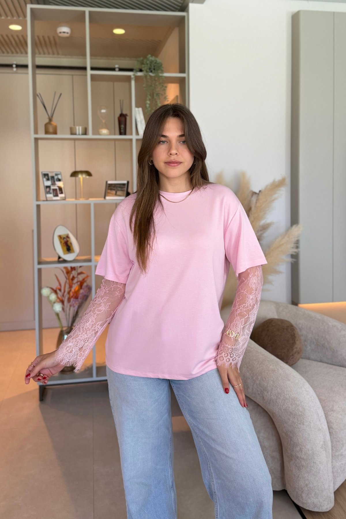Dantel Detaylı Oversize Şık Pembe Modal Tişört