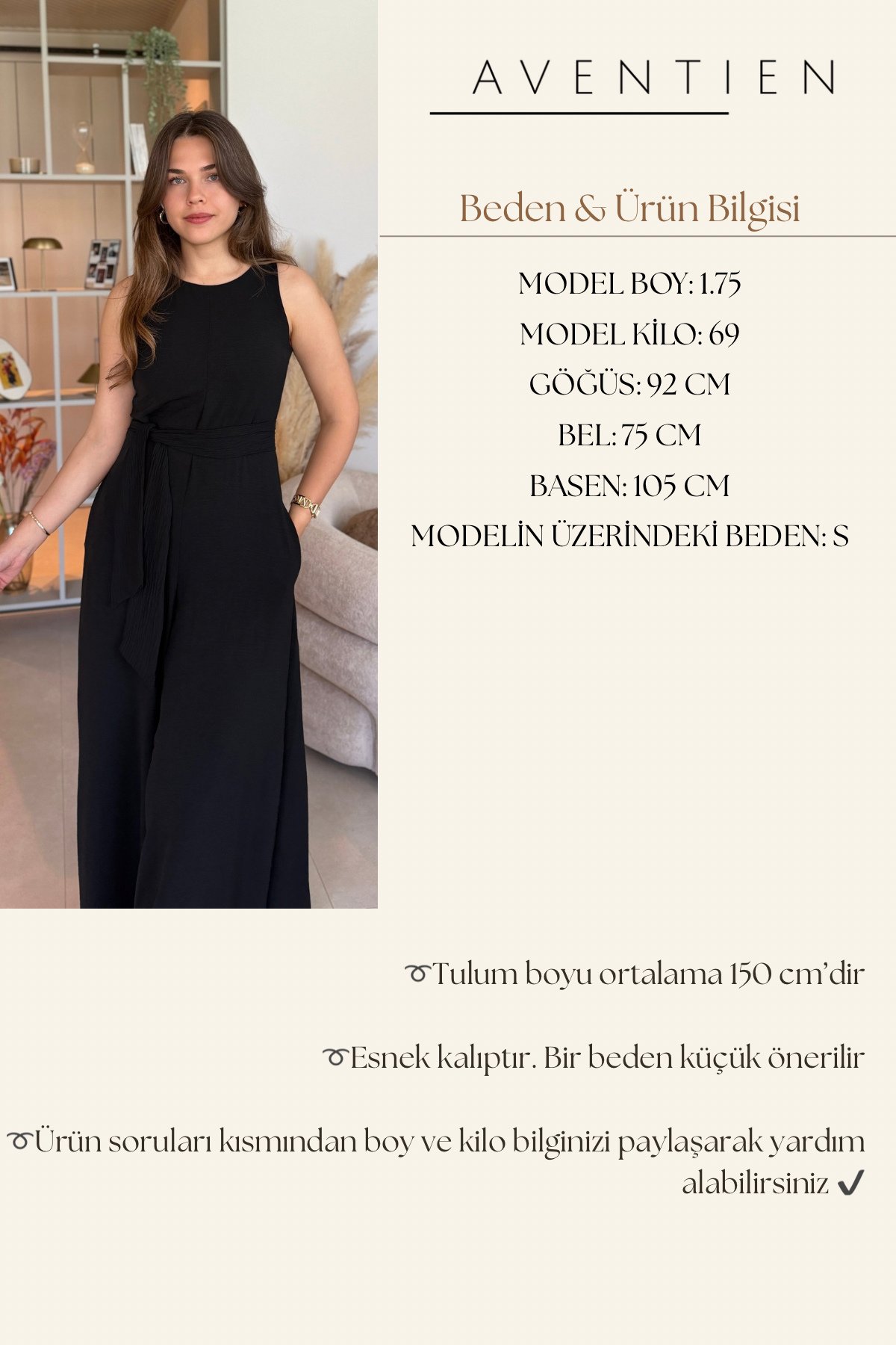 Kuşaklı Cepli Şık Siyah Tulum