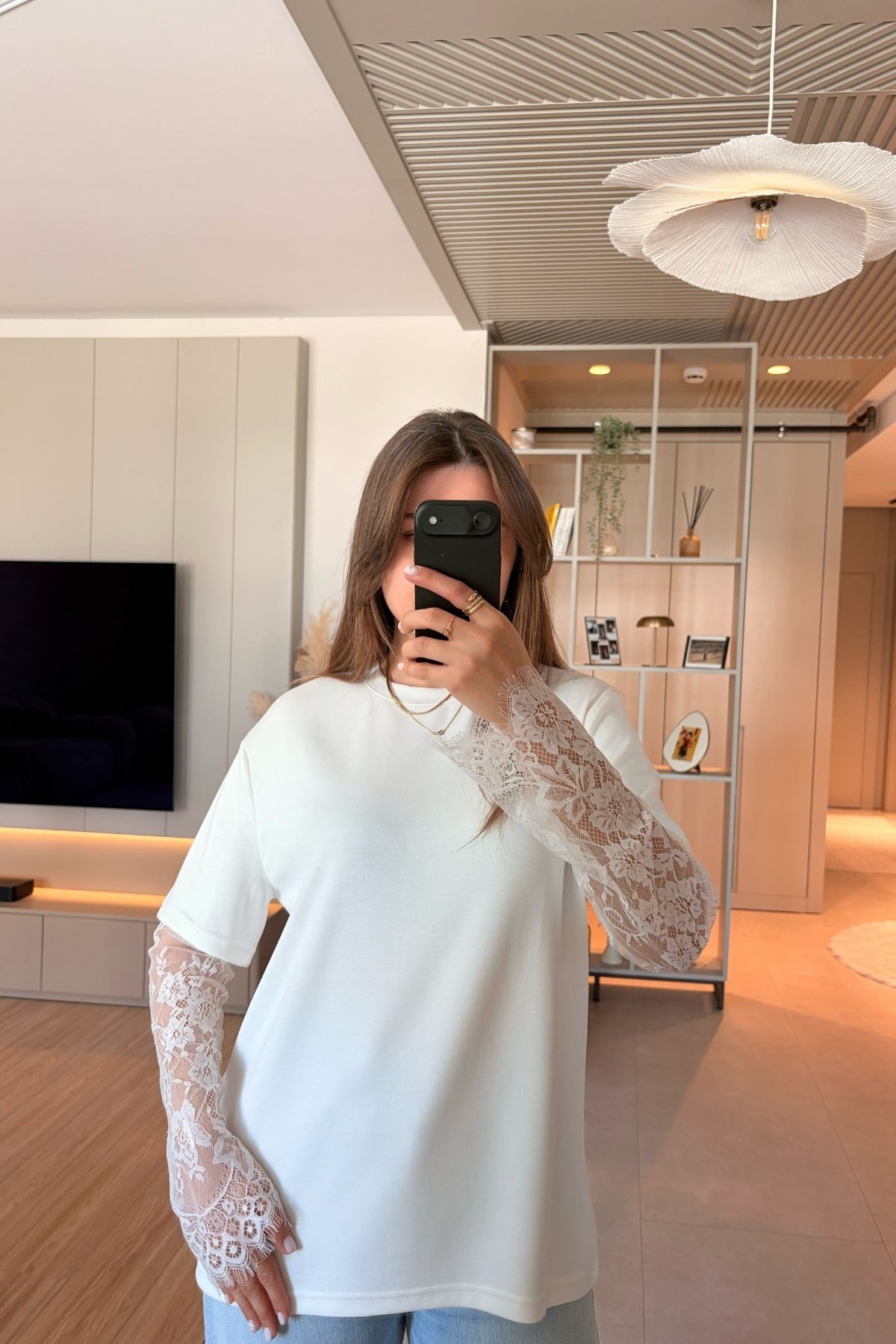  Dantel Detaylı Oversize Şık Beyaz Modal Bluz