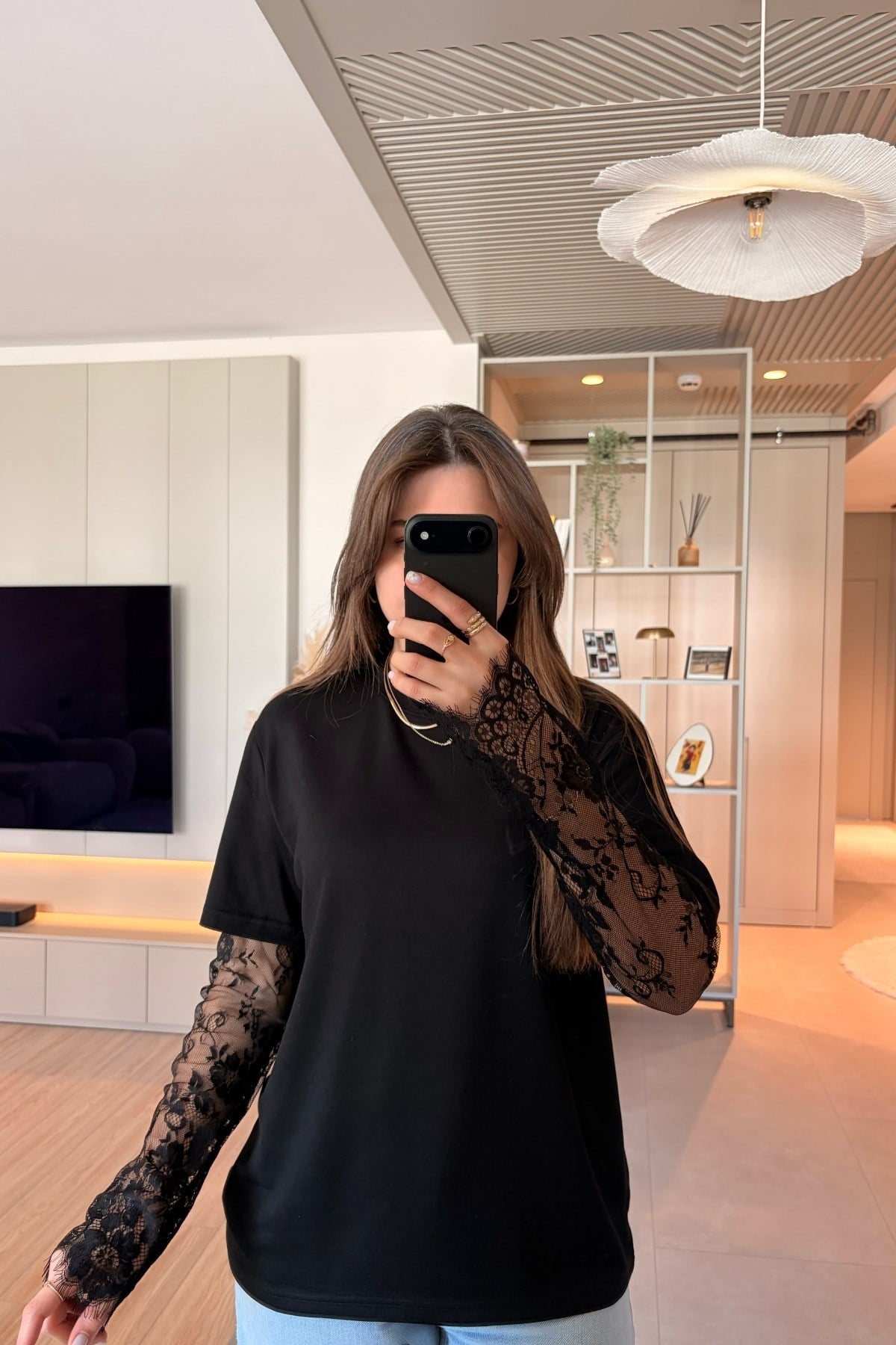 Dantel Detaylı Oversize Şık Siyah Modal Bluz