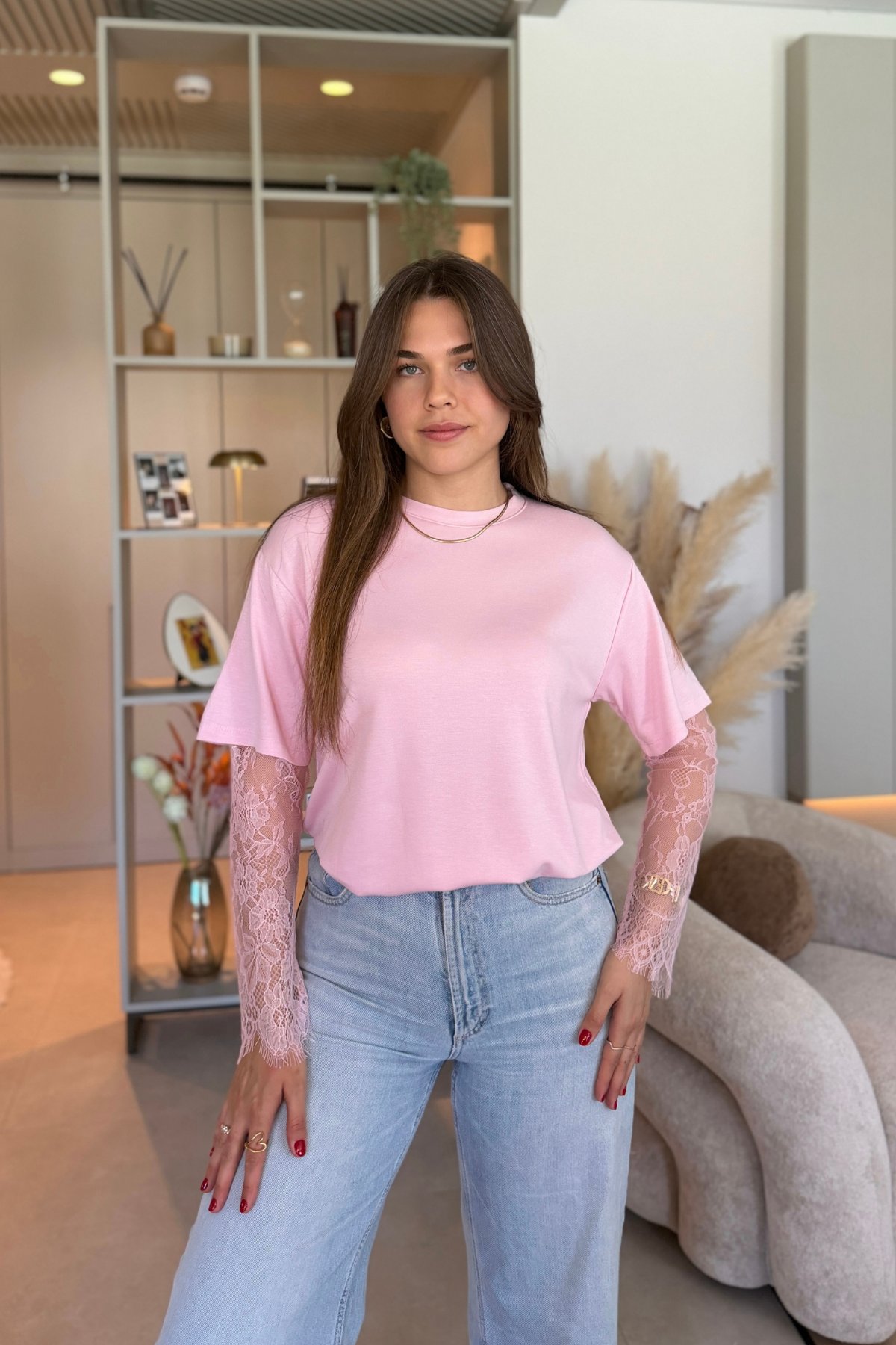 Dantel Detaylı Oversize Şık Pembe Modal Tişört