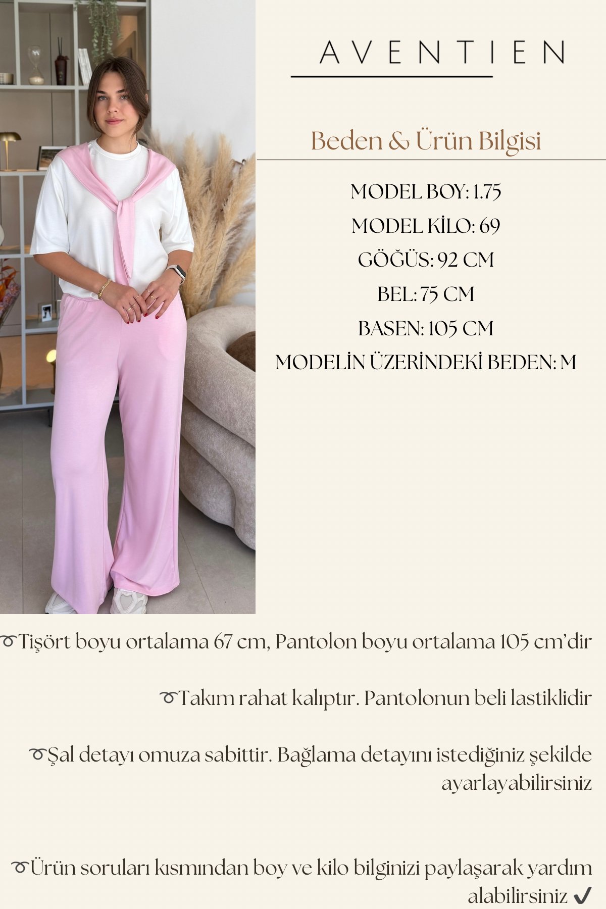 Şal Bağlama Detaylı Rahat Pembe Modal Takım