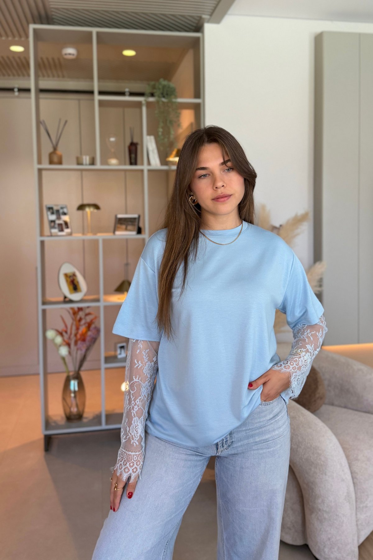 Dantel Detaylı Oversize Şık Mavi Modal Tişört