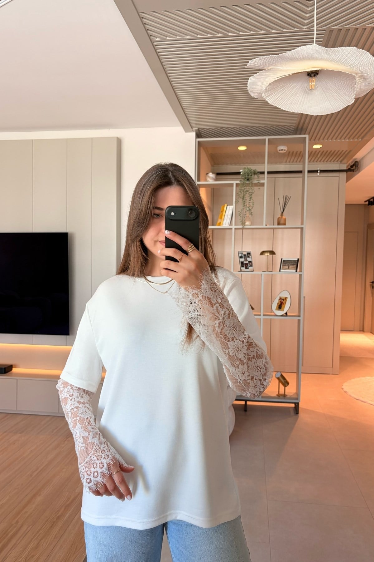  Dantel Detaylı Oversize Şık Beyaz Modal Bluz
