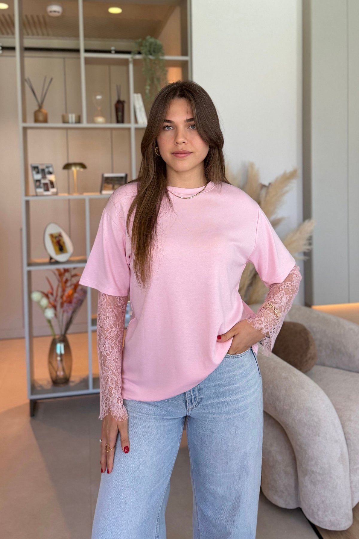 Dantel Detaylı Oversize Şık Pembe Modal Tişört