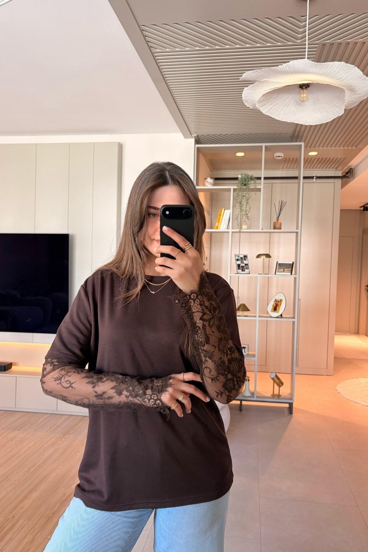 Dantel Detaylı Oversize Şık Kahverengi Modal Bluz