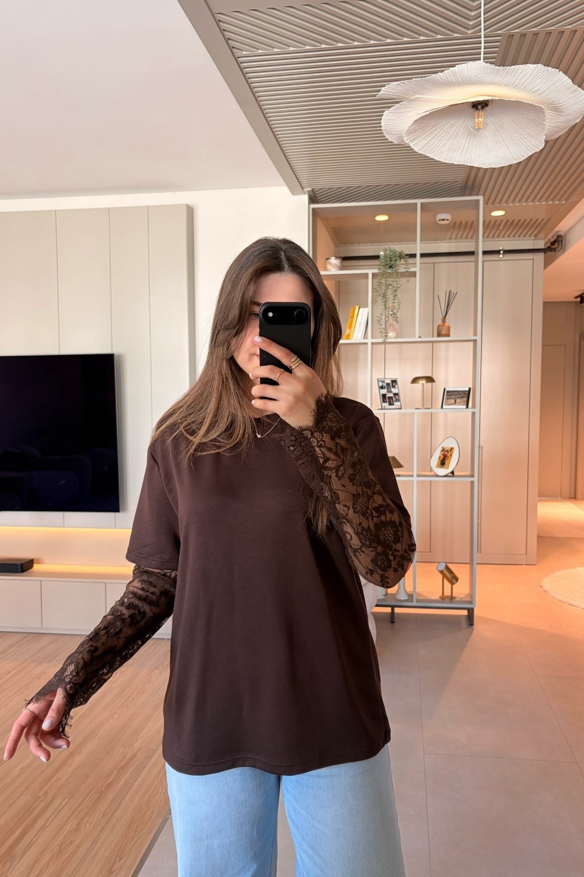 Dantel Detaylı Oversize Şık Kahverengi Modal Bluz