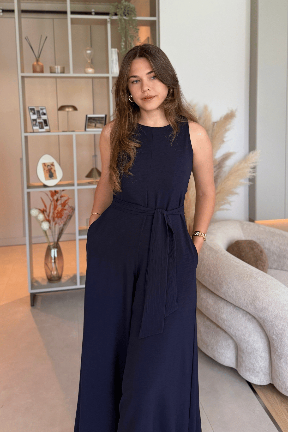 Kuşaklı Cepli Şık Lacivert Tulum