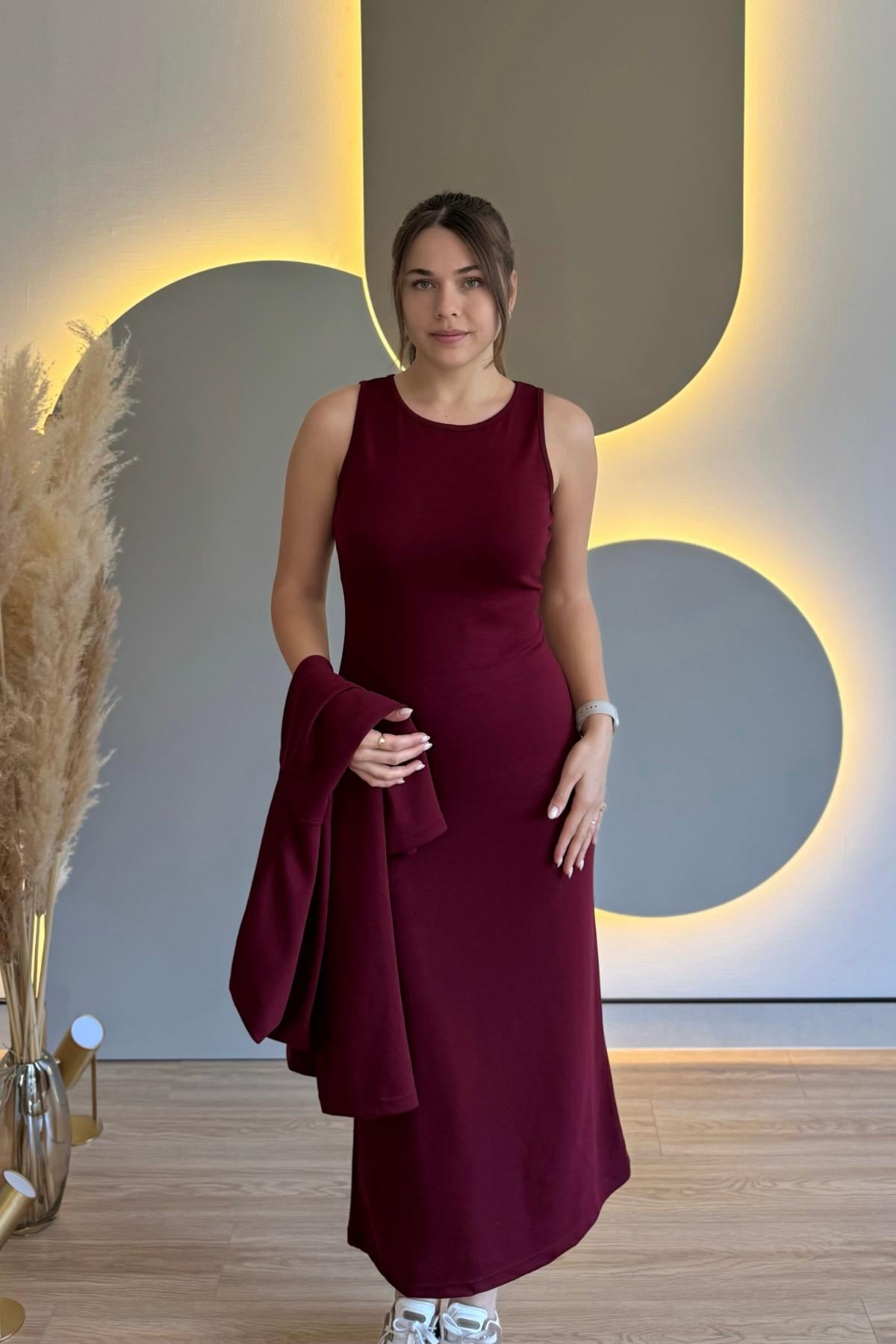 Çıkarılabilir Sweatshirt Elbise Modal Bordo İkili Takım