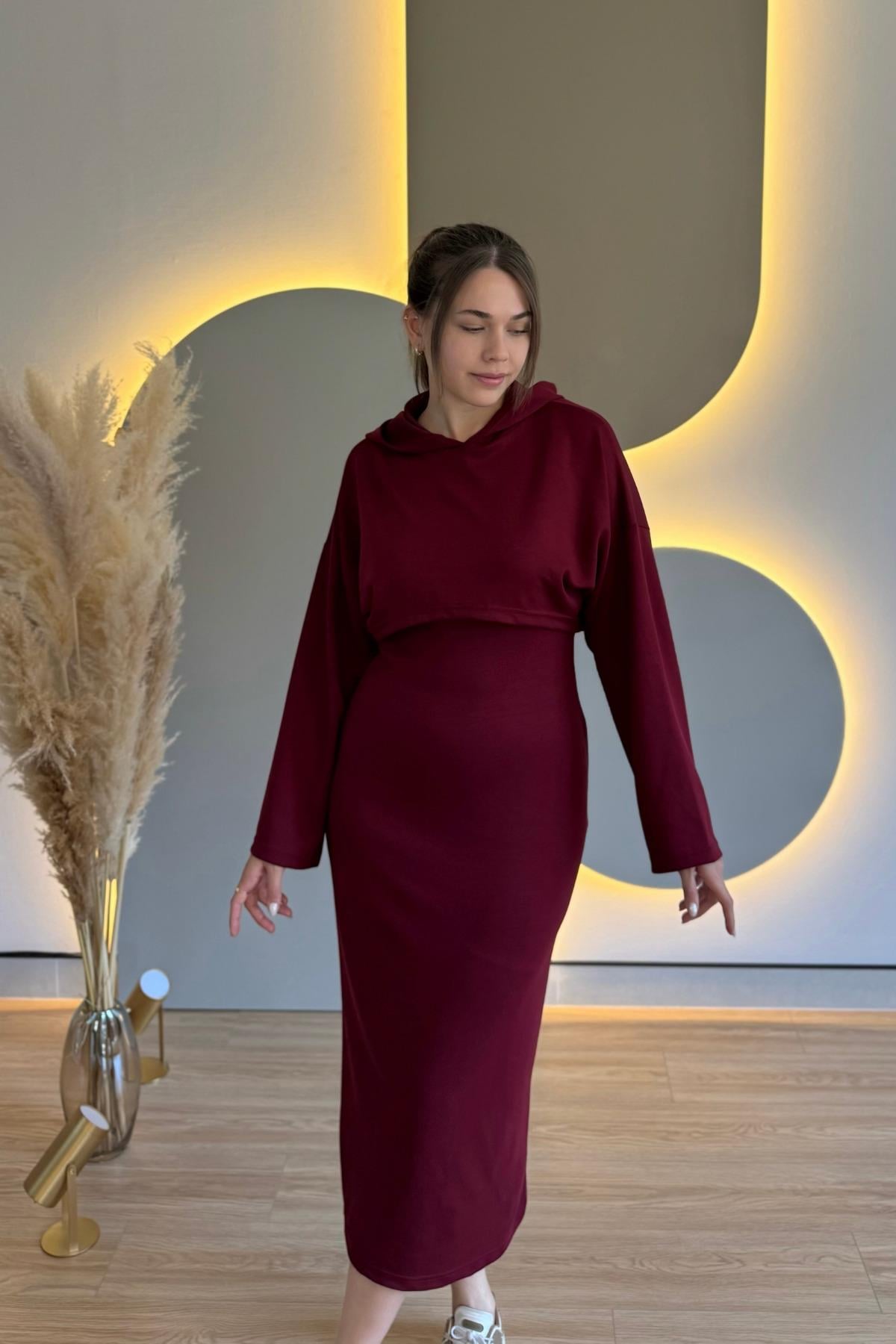 Çıkarılabilir Sweatshirt Elbise Modal Bordo İkili Takım