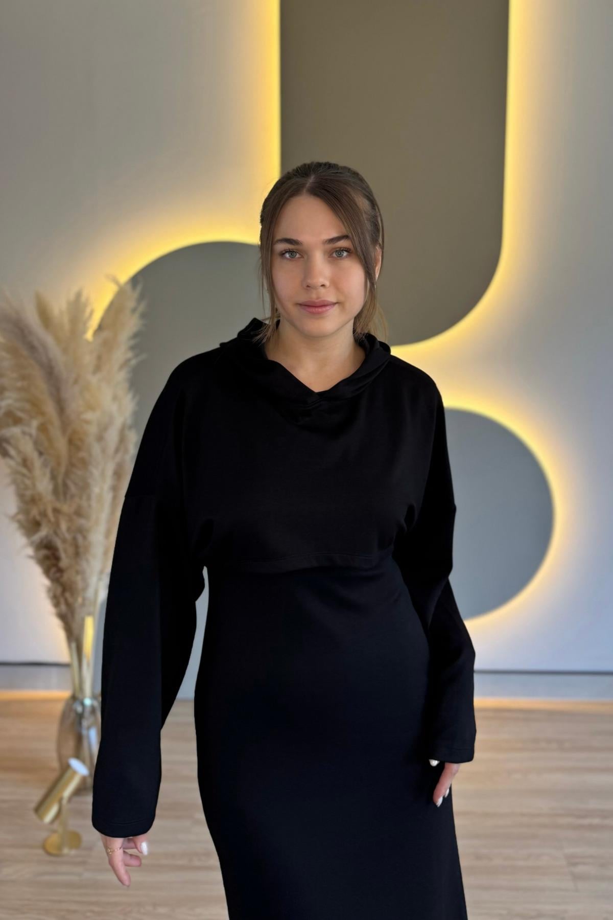 Çıkarılabilir Sweatshirt Elbise Modal Siyah İkili Takım
