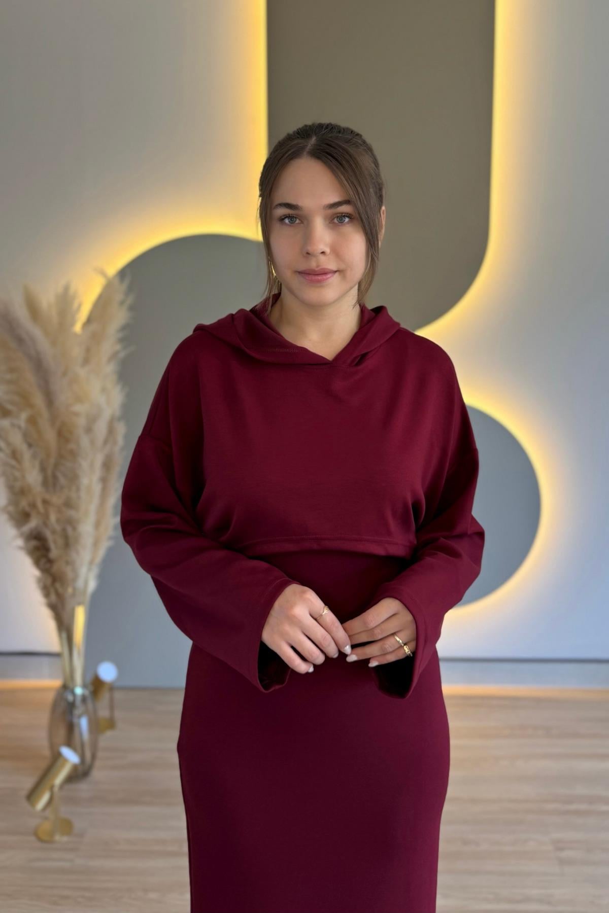 Çıkarılabilir Sweatshirt Elbise Modal Bordo İkili Takım