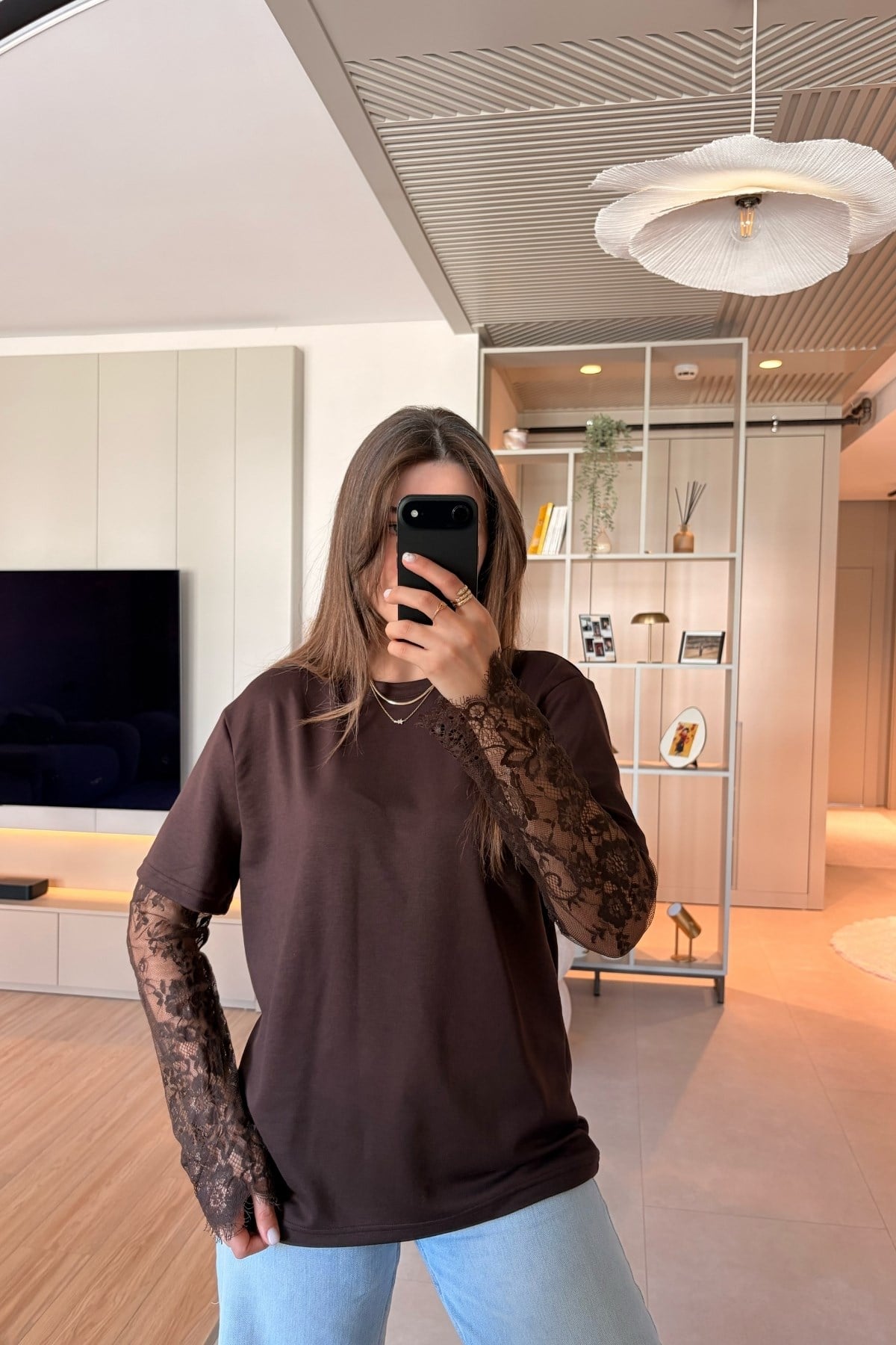 Dantel Detaylı Oversize Şık Kahverengi Modal Bluz
