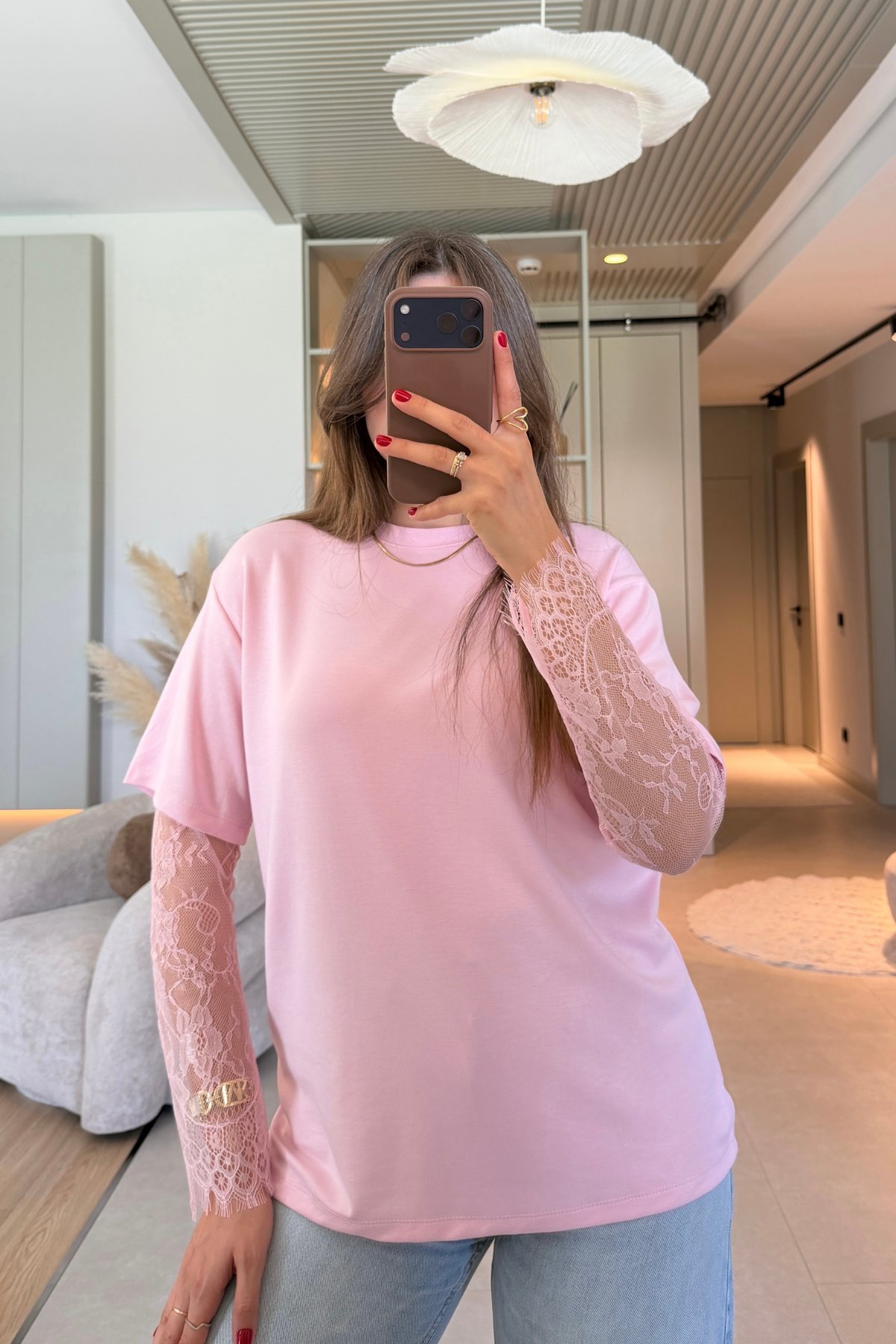 Dantel Detaylı Oversize Şık Pembe Modal Tişört