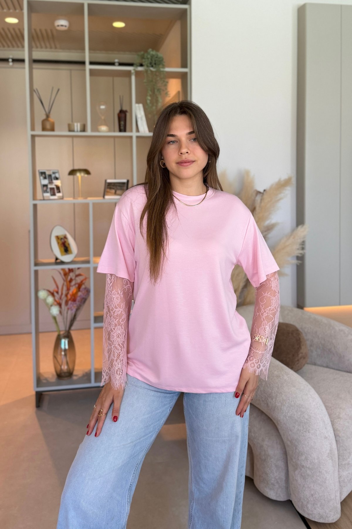 Dantel Detaylı Oversize Şık Pembe Modal Tişört