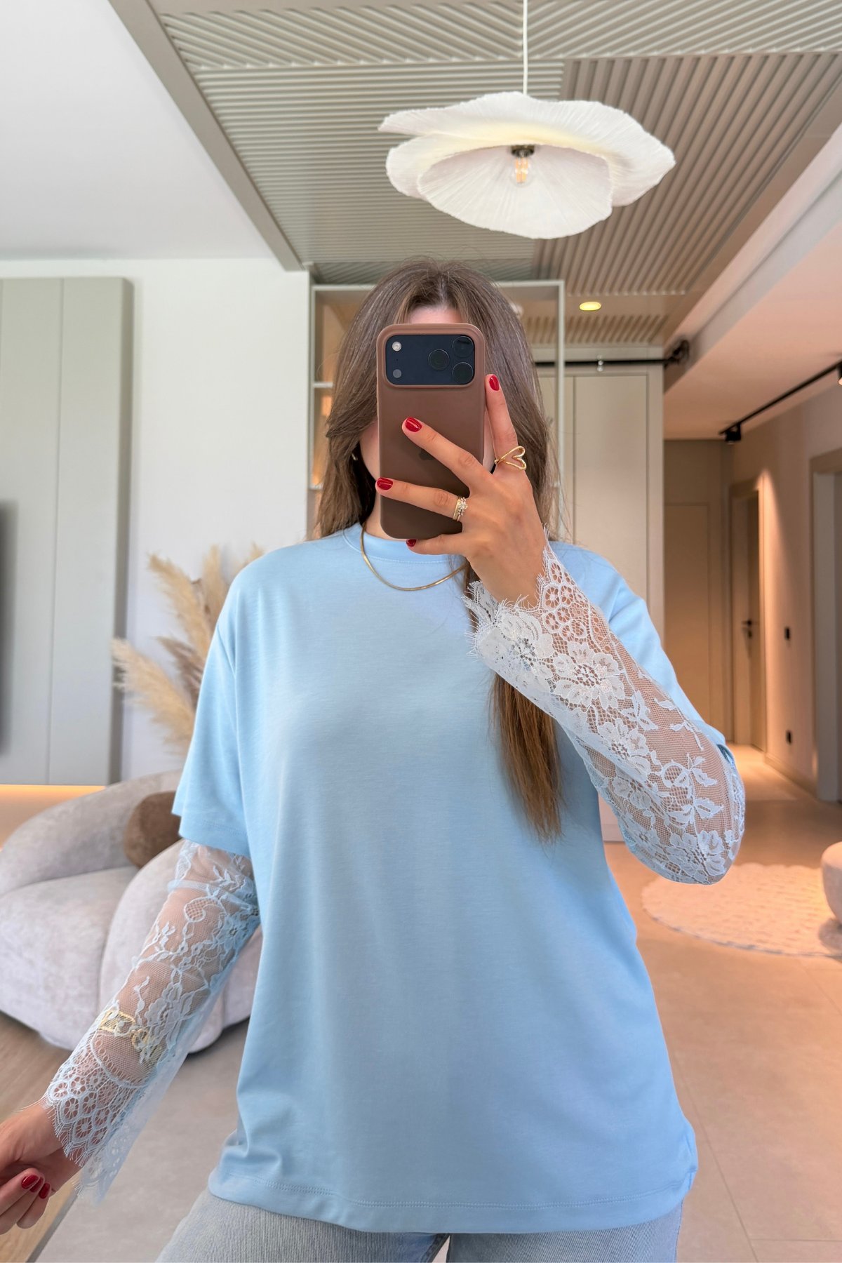 Dantel Detaylı Oversize Şık Mavi Modal Tişört