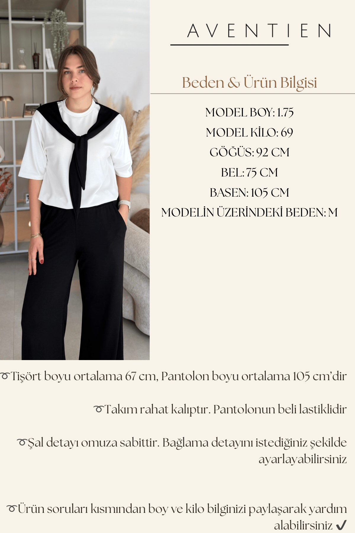 Şal Bağlama Detaylı Rahat Siyah Modal Takım