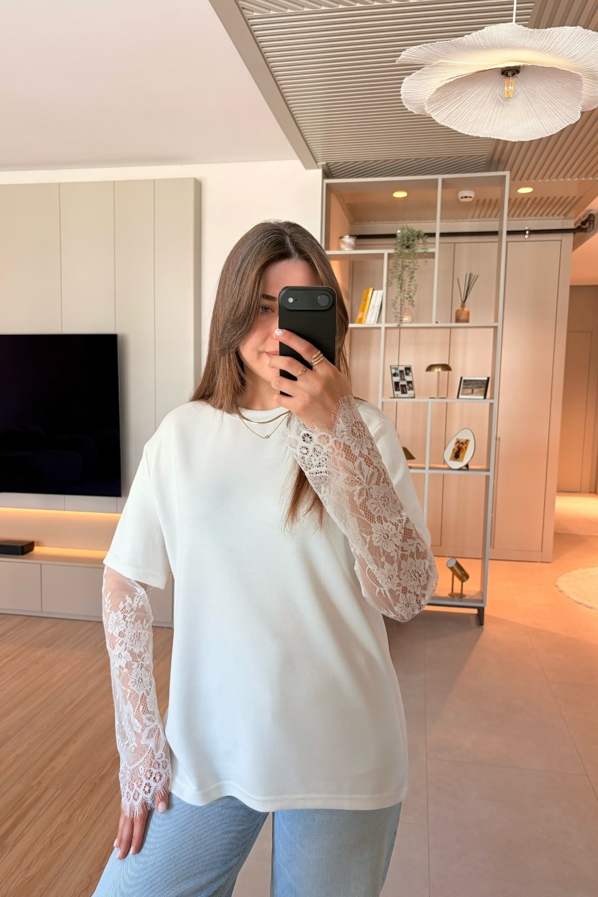 Dantel Detaylı Oversize Şık Beyaz Modal Bluz