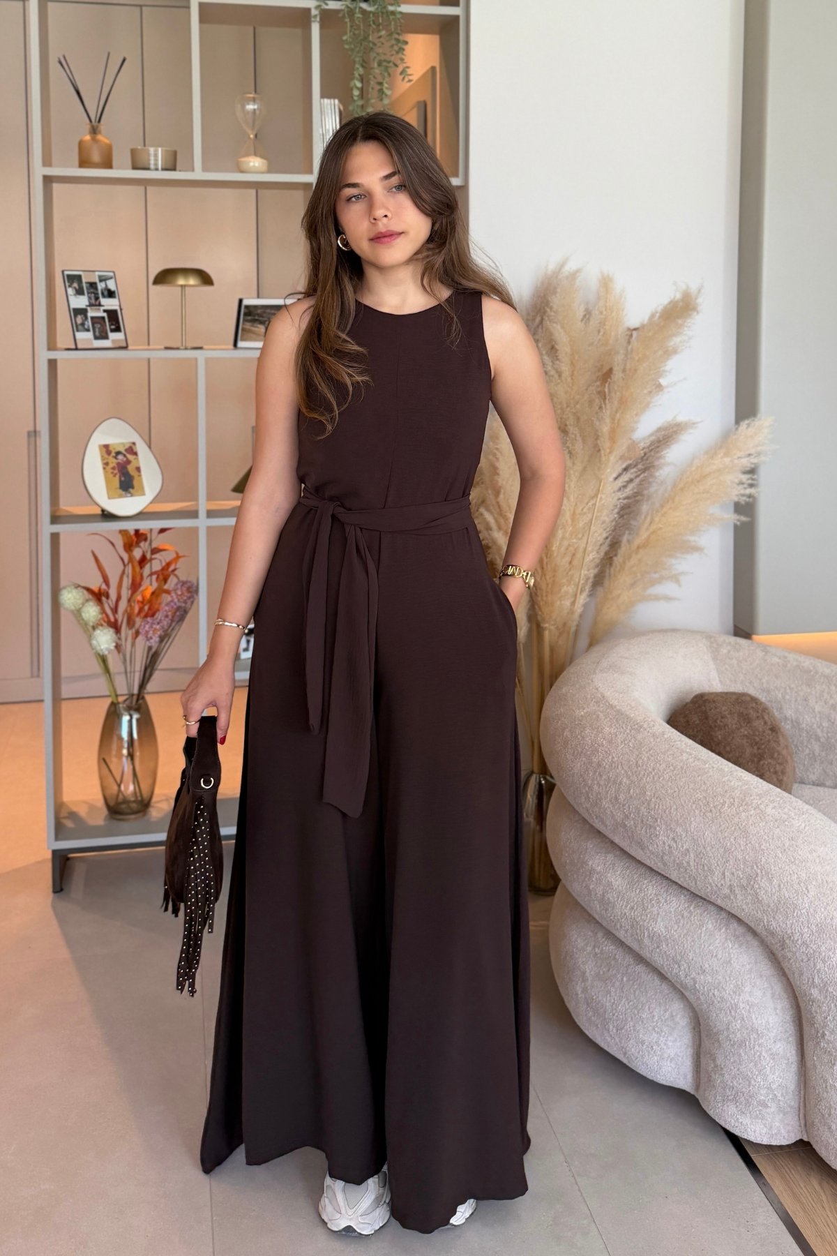 Kuşaklı Cepli Şık Kahverengi Tulum
