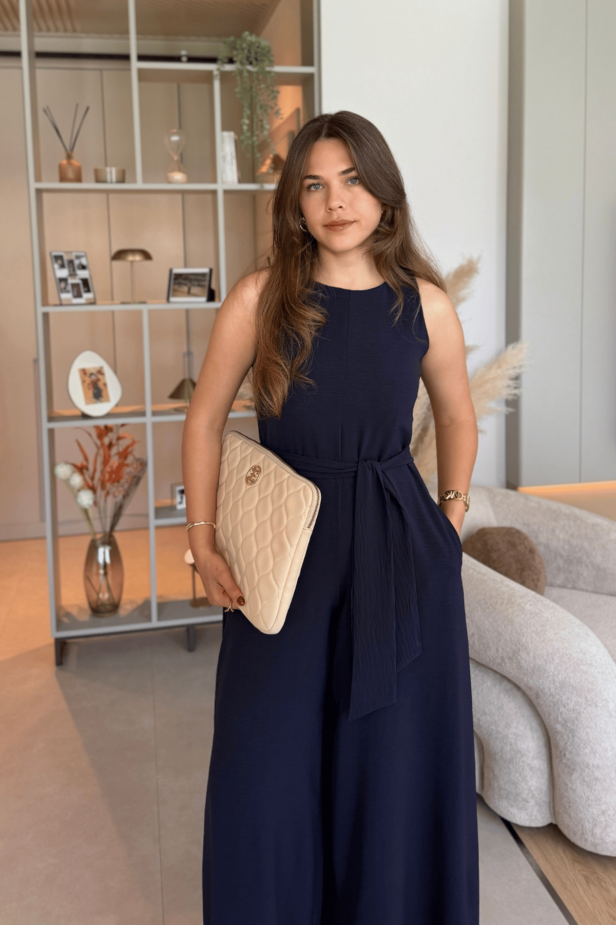 Kuşaklı Cepli Şık Lacivert Tulum