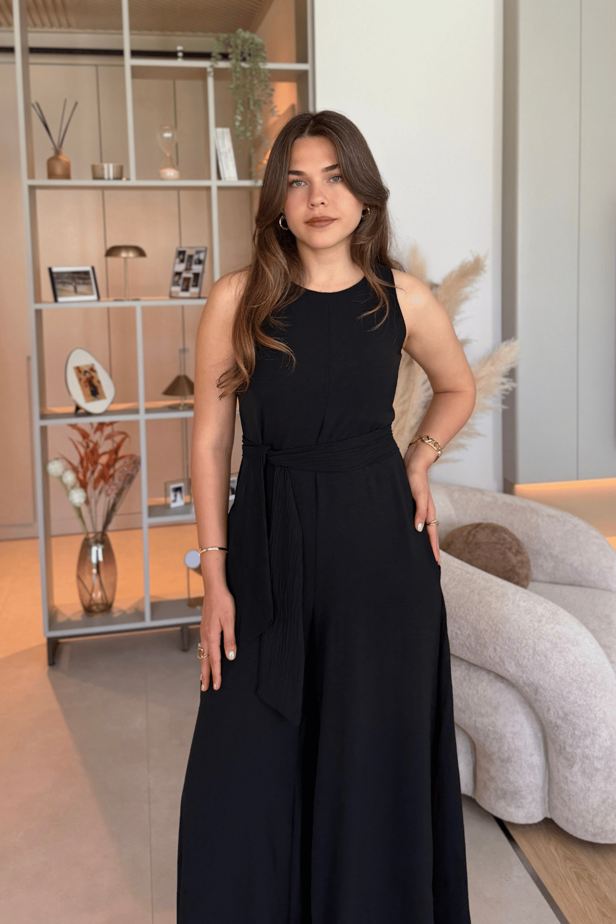 Kuşaklı Cepli Şık Siyah Tulum