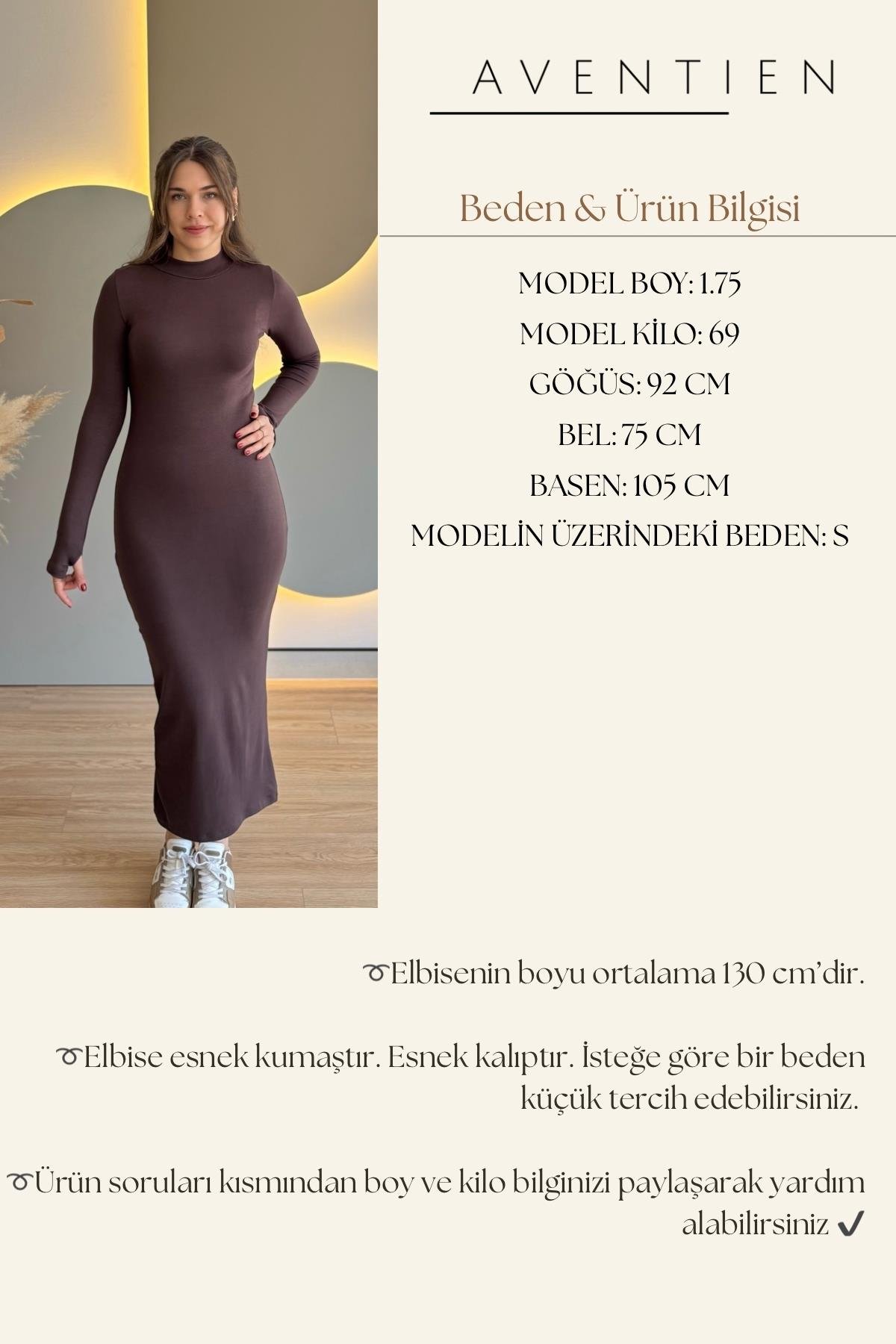 Parmak Geçirmeli Basic Kahverengi Uzun Elbise