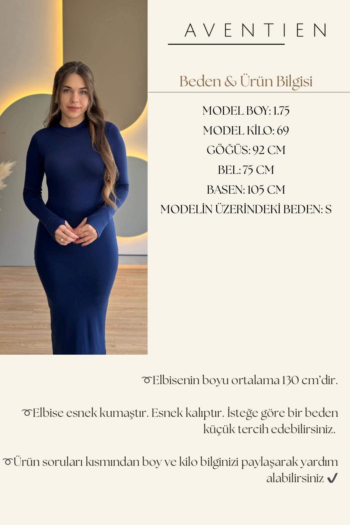 Parmak Geçirmeli Basic Lacivert Uzun Elbise
