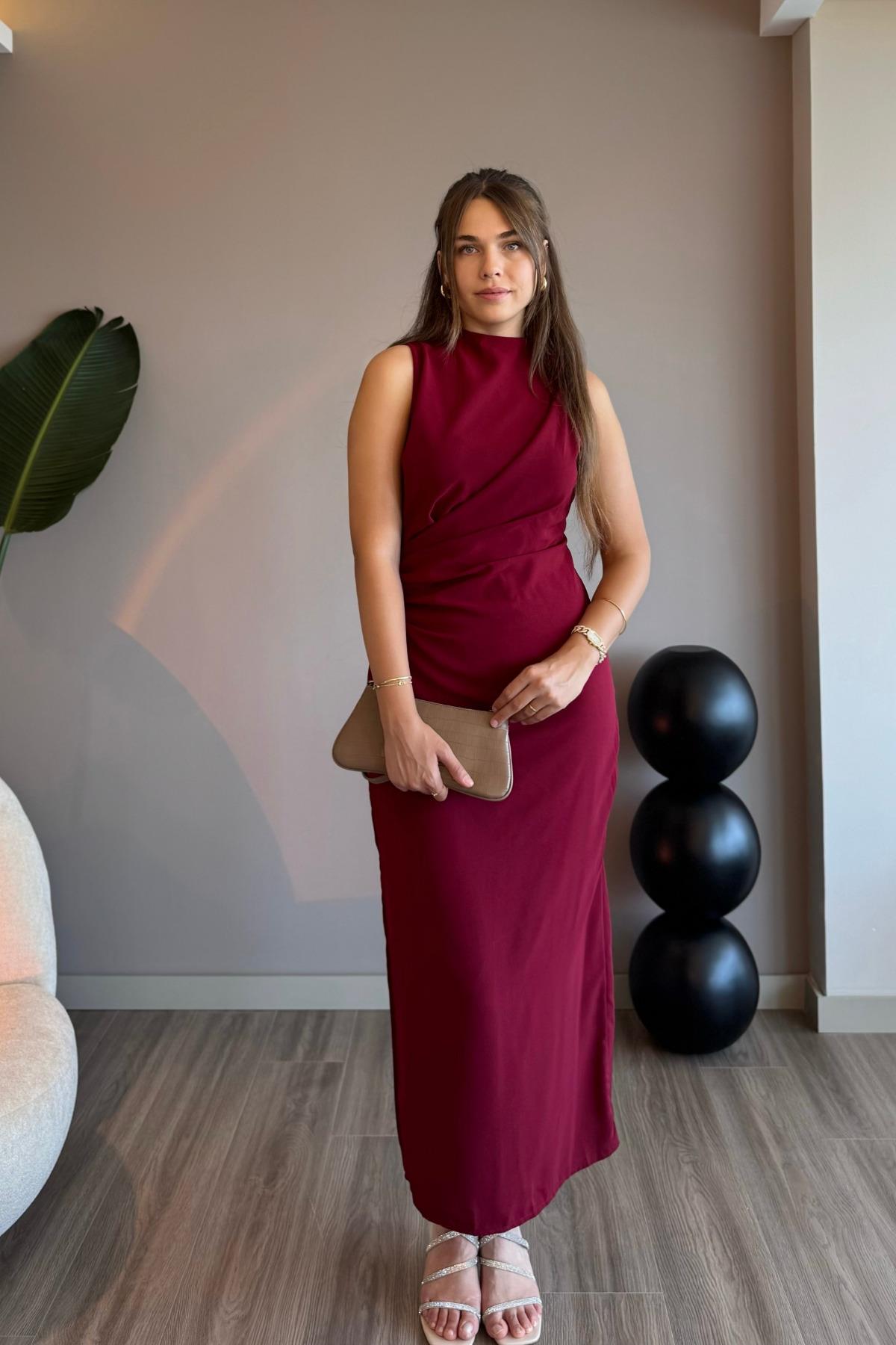 Sıfır Kol Drapeli Bordo Maxi Elbise