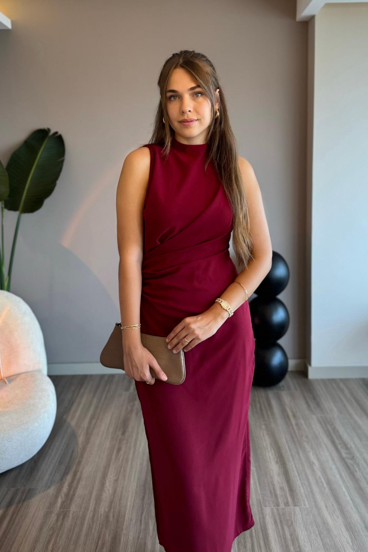 Sıfır Kol Drapeli Bordo Maxi Elbise