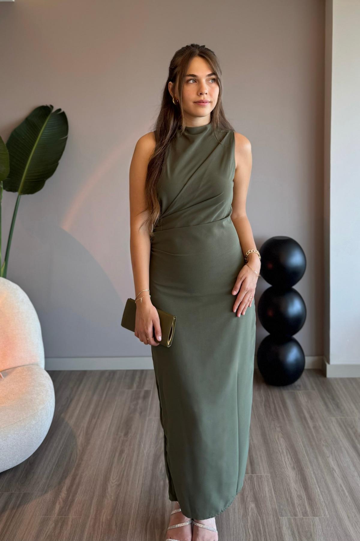 Sıfır Kol Drapeli Haki Maxi Elbise