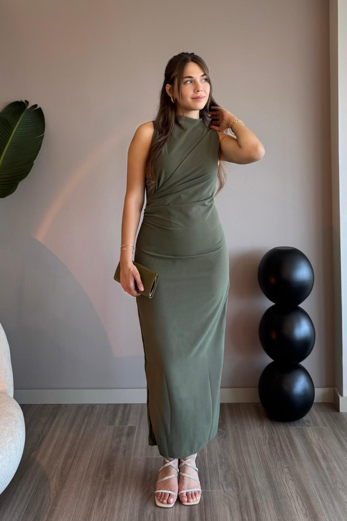 Sıfır Kol Drapeli Haki Maxi Elbise