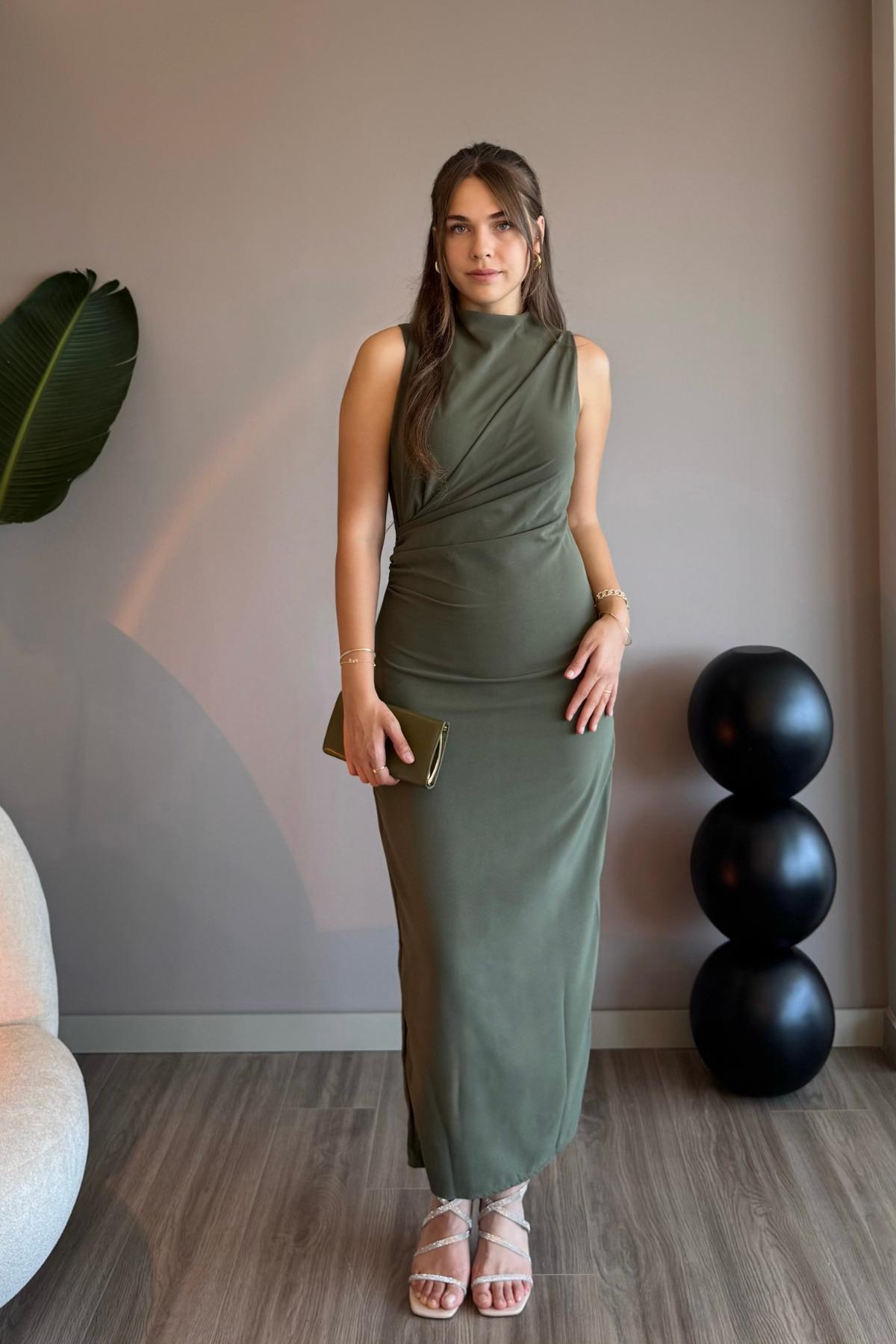 Sıfır Kol Drapeli Haki Maxi Elbise