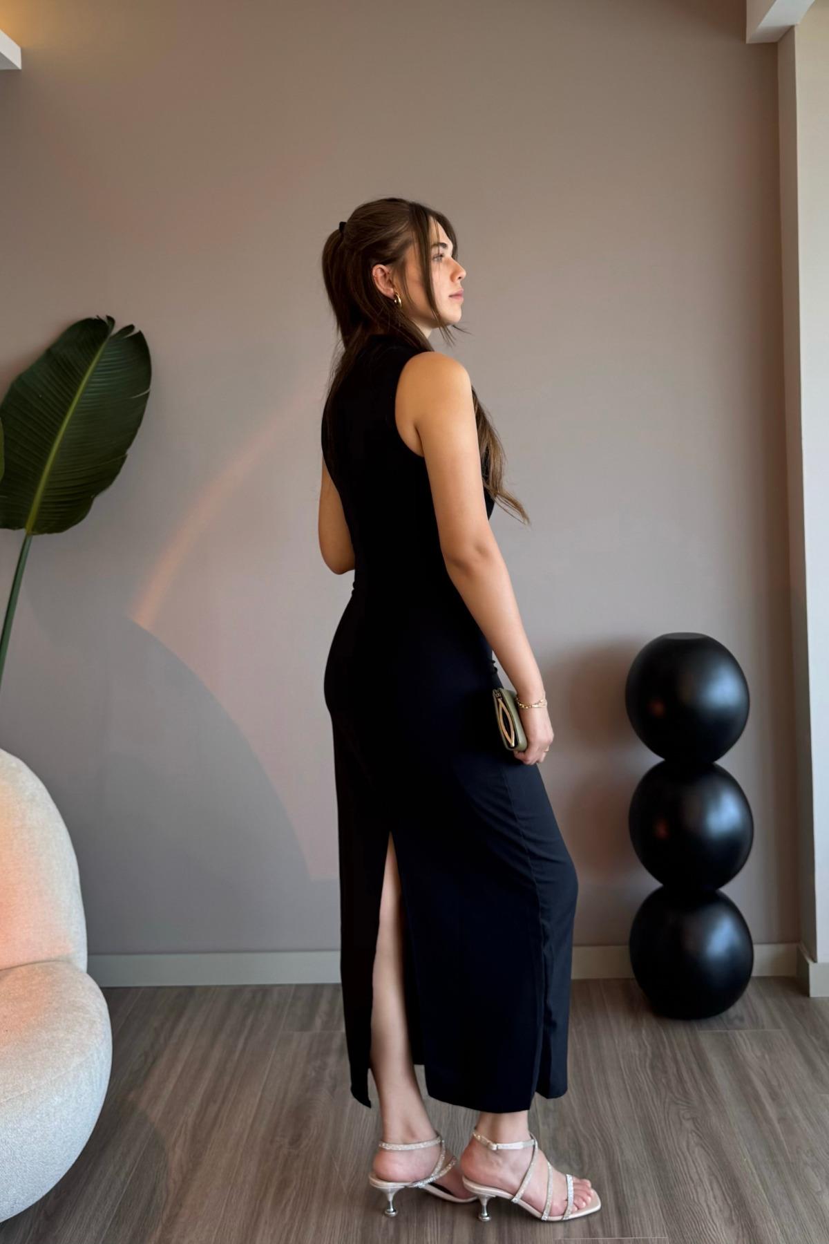 Sıfır Kol Drapeli Siyah Maxi Elbise