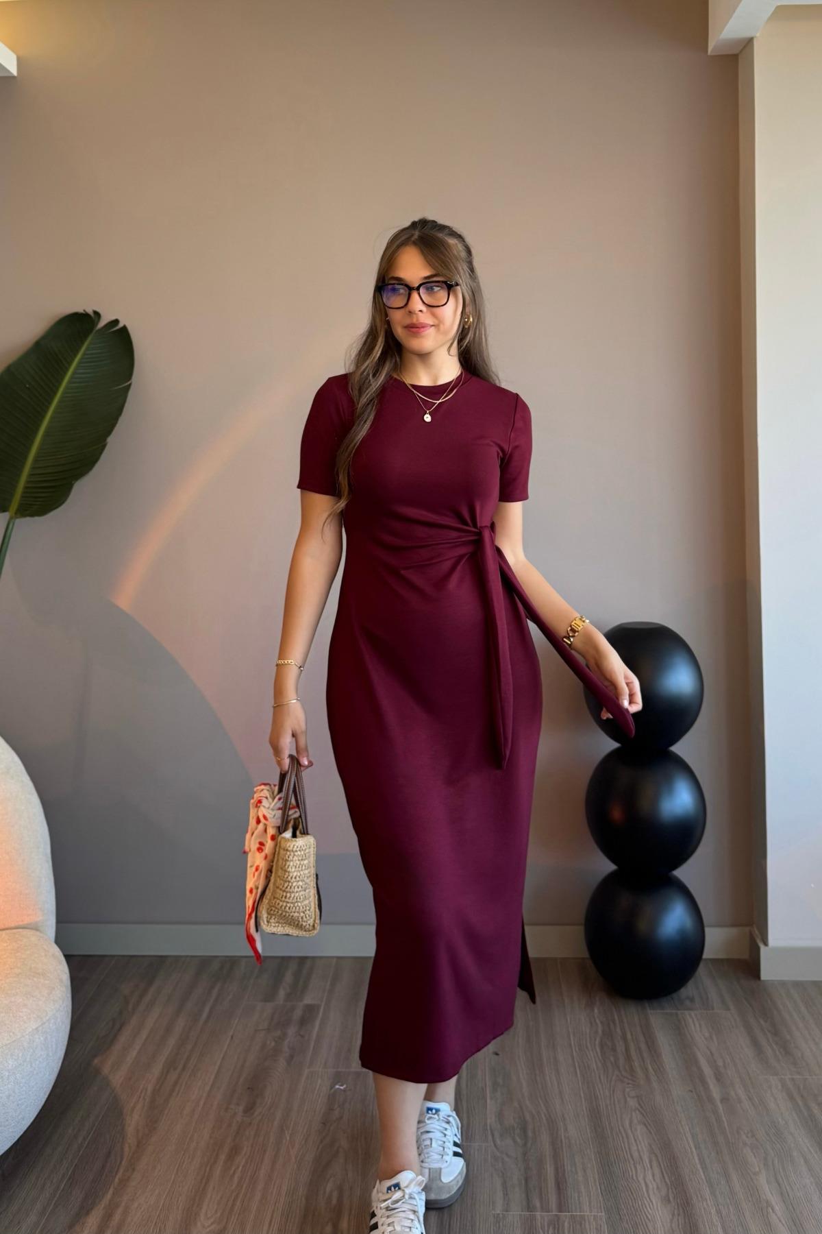 Yandan Bağlamalı Yırtmaçlı Modal Kumaş Bordo Elbise